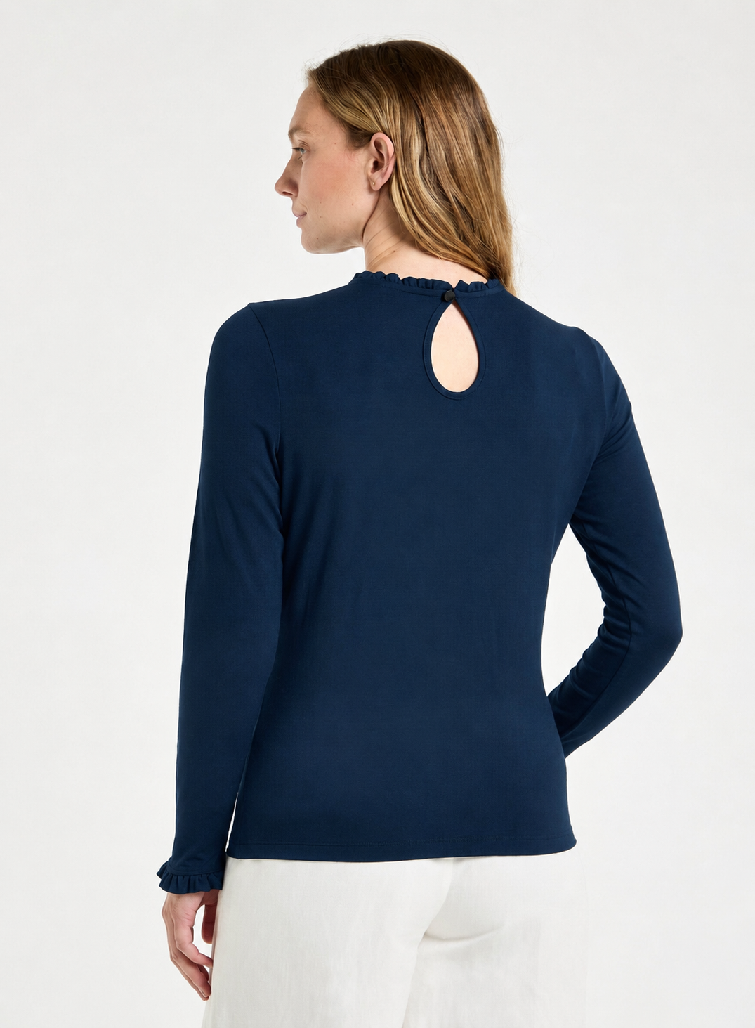 Frill Neck Long Sleeve Top in Navy