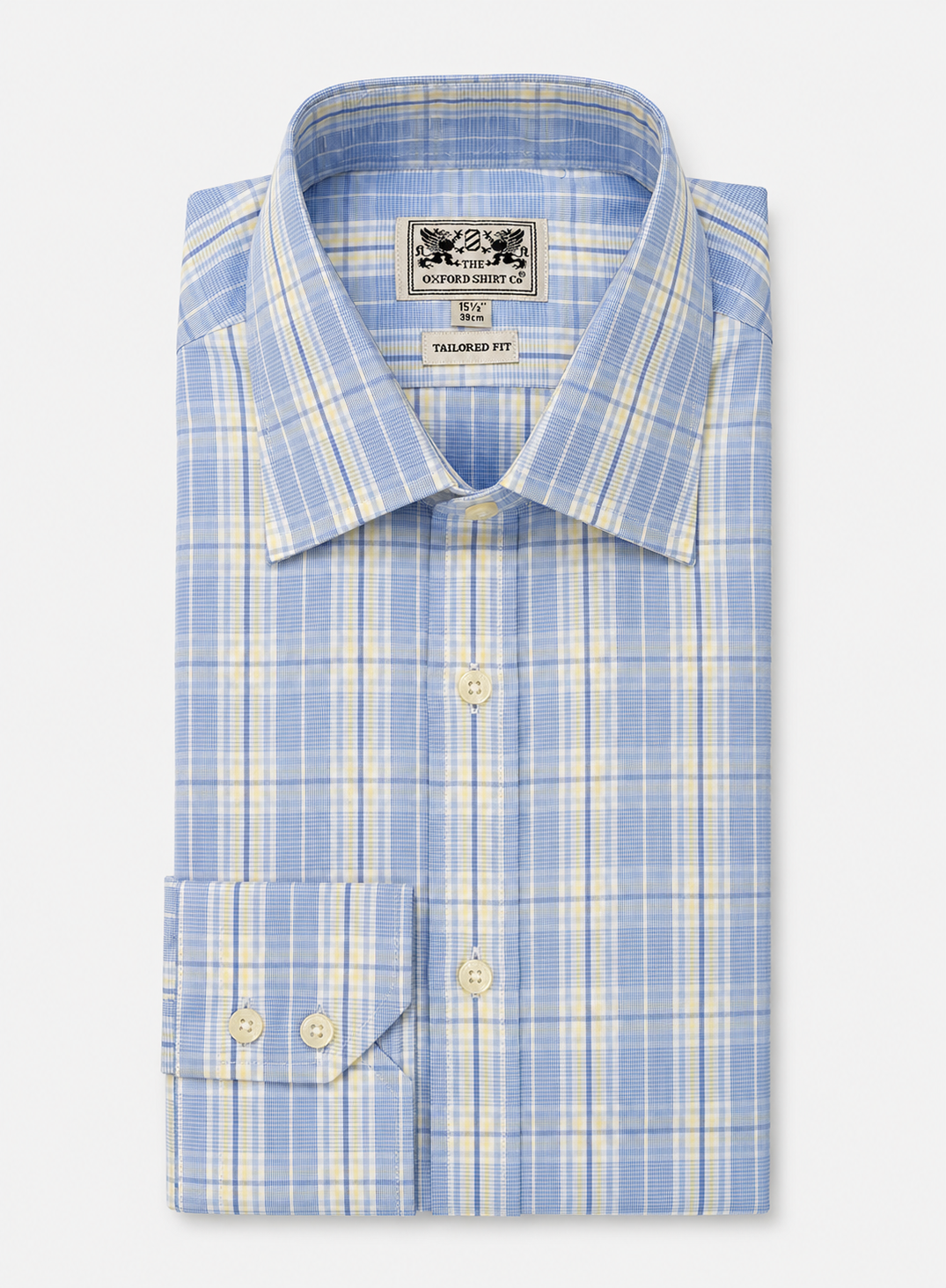 A folded light blue and white plaid dress shirt with a pointed collar and button-down front, displayed on a light gray background.