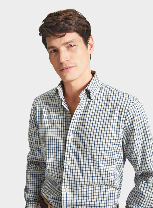 Button Down Tattersall Shirt in Green and Blue Check