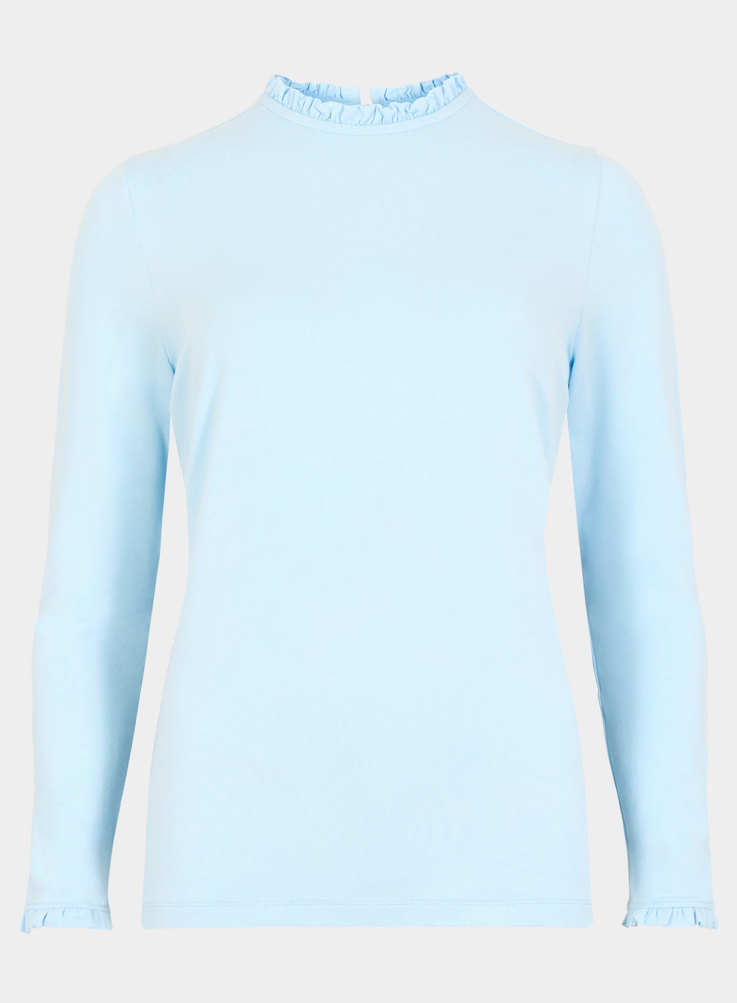 A light blue long-sleeve knit top with a ruffled mock neck and matching ruffled cuffs, shown against a plain light gray background.