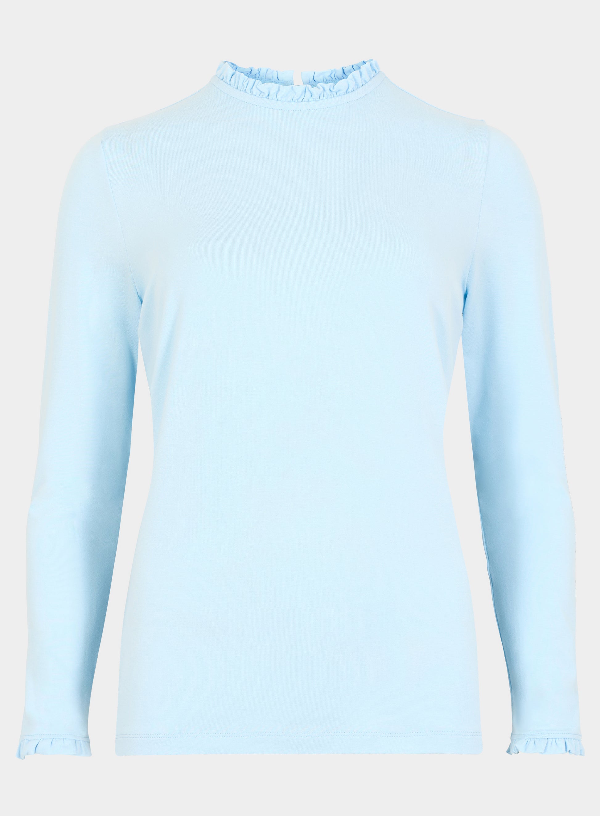 A light blue long-sleeve knit top with a ruffled mock neck and matching ruffled cuffs, shown against a plain light gray background.