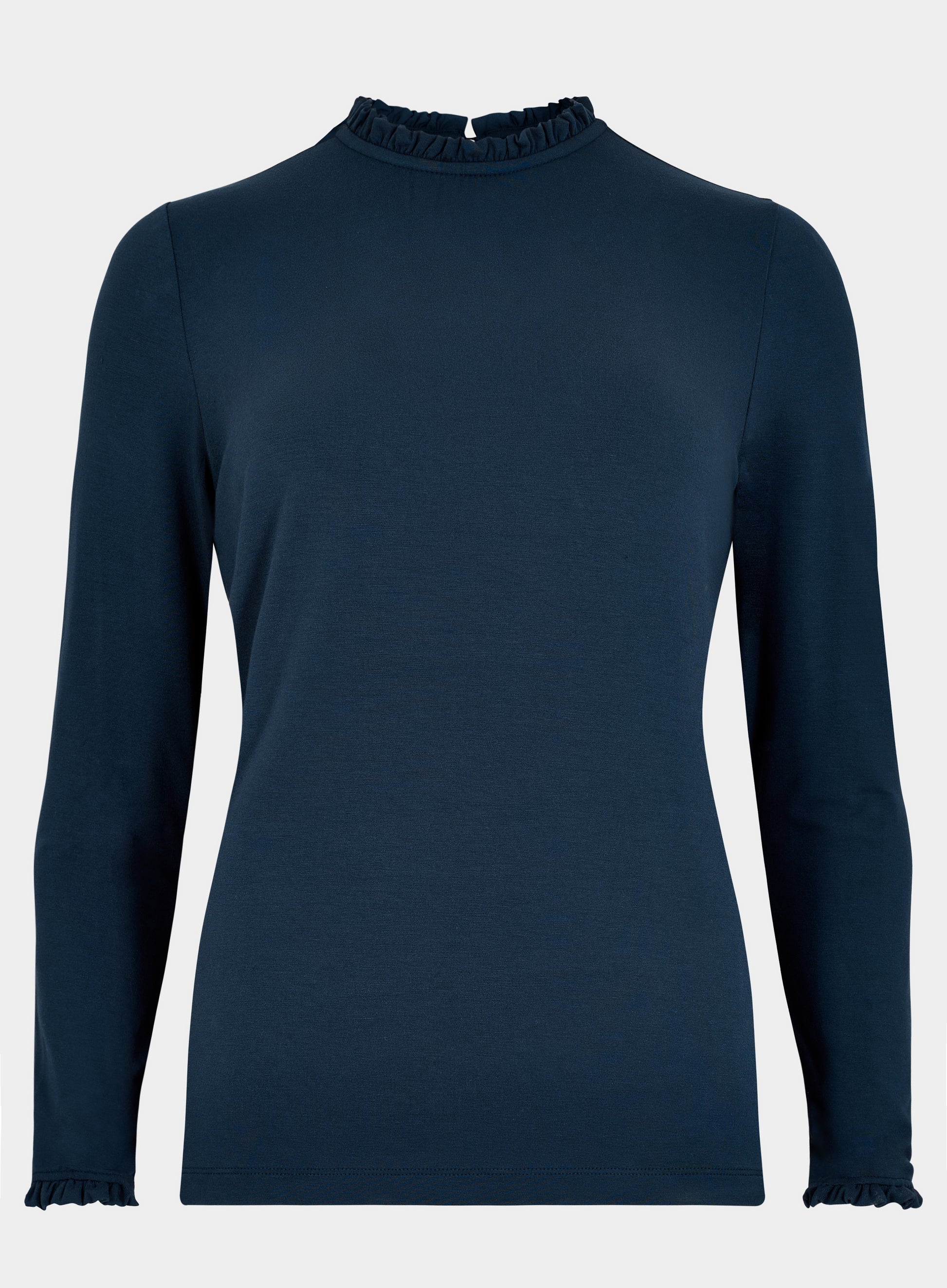 A dark navy blue long-sleeve mock neck top with delicate ruffle trim at the collar and cuffs, shown against a light gray background.