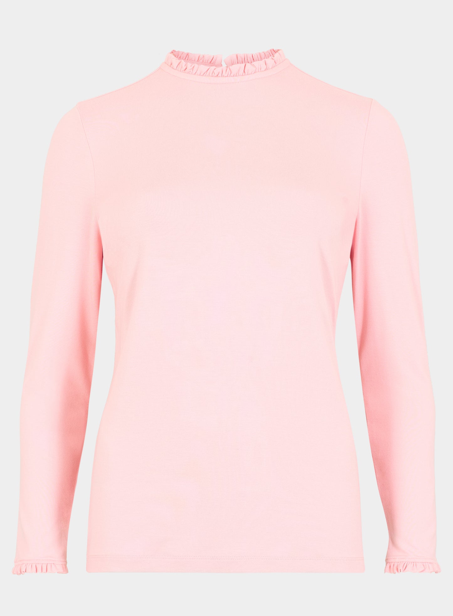 A light pink long-sleeve top with a ruffled mock neck and matching ruffle trim at the cuffs, shown against a plain light gray background.