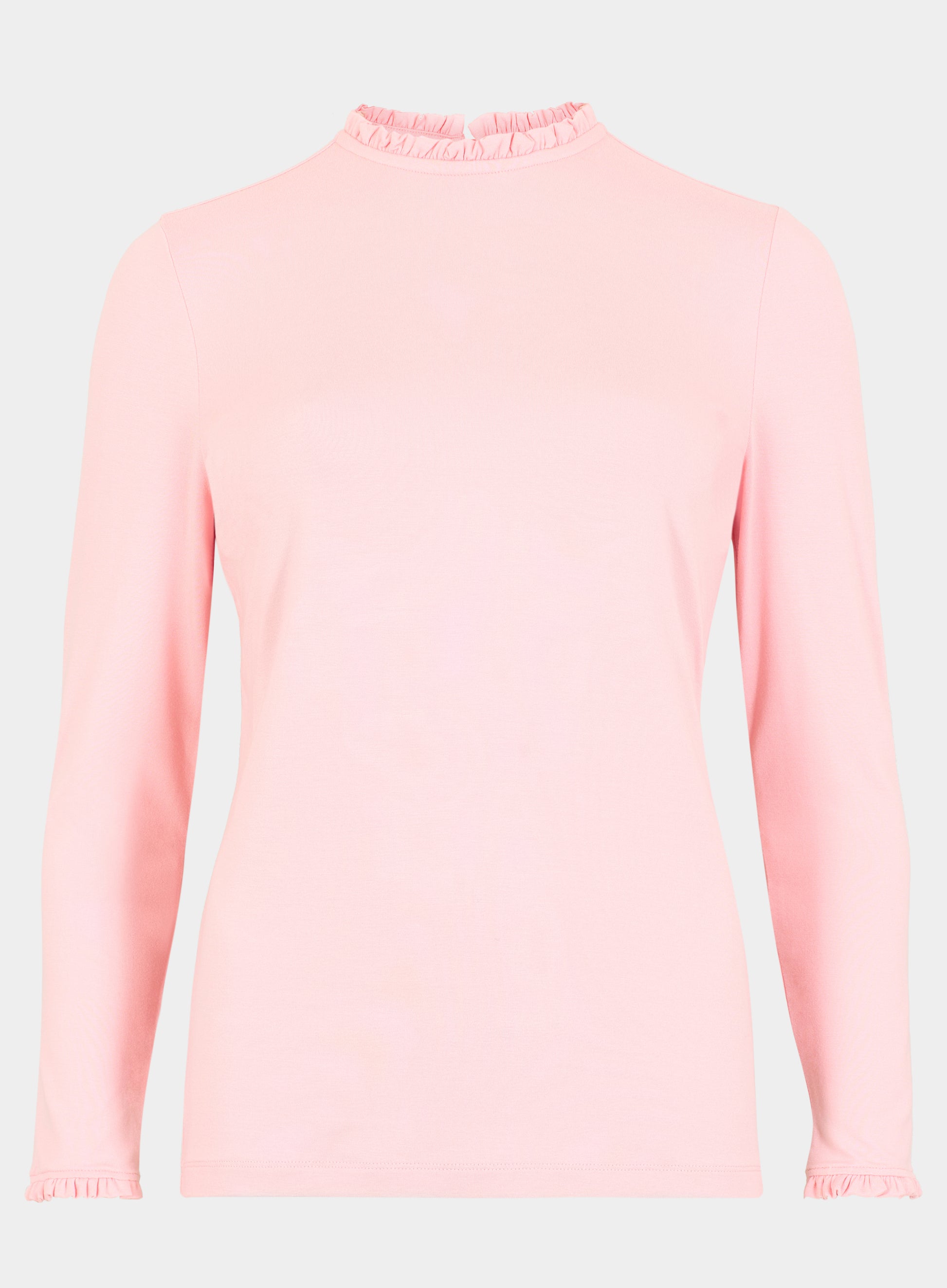 A light pink long-sleeve top with a ruffled mock neck and matching ruffle trim at the cuffs, shown against a plain light gray background.