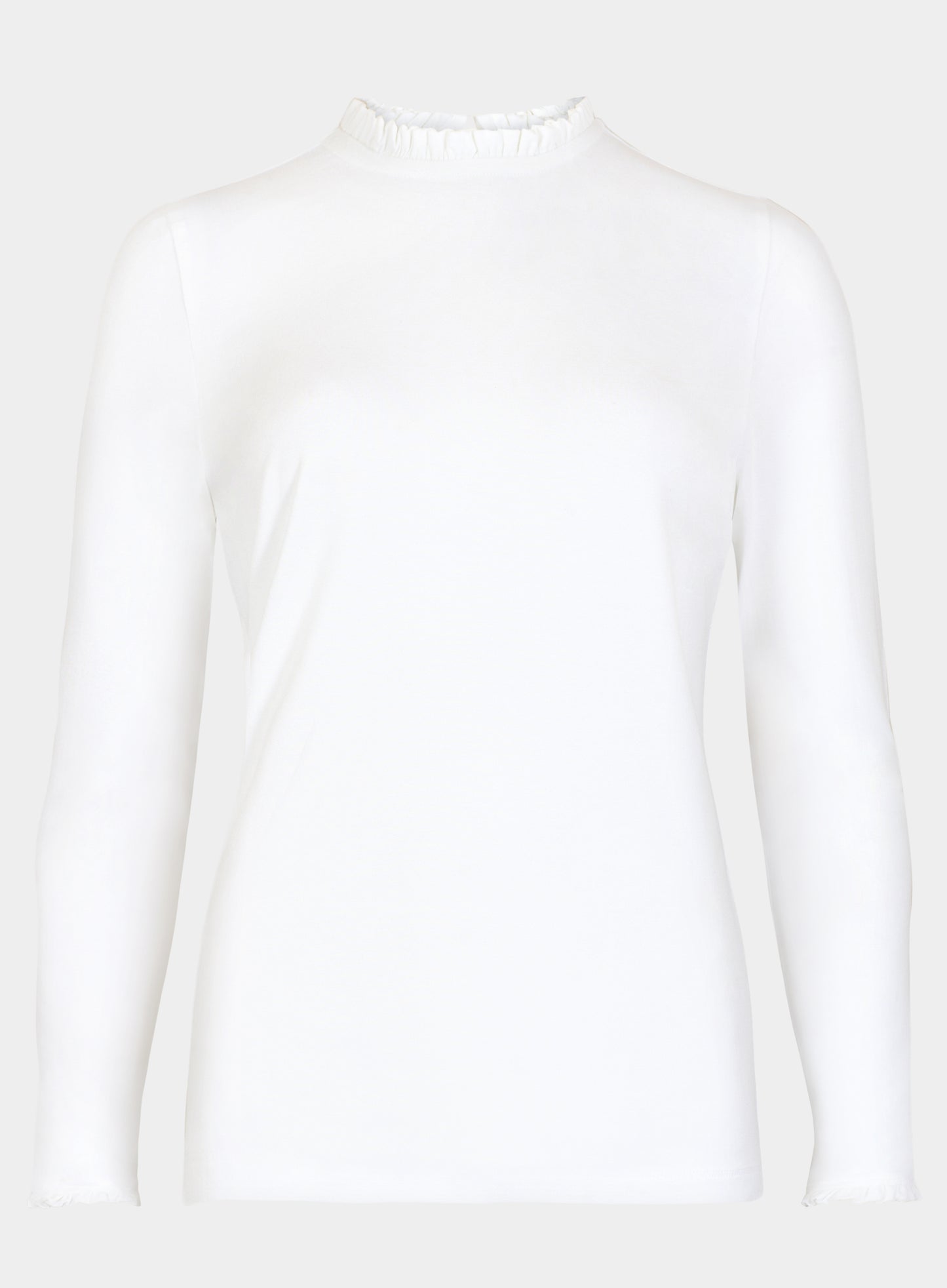 A white long-sleeve mock neck top with a delicate ruffled trim at the collar, shown against a light gray background.