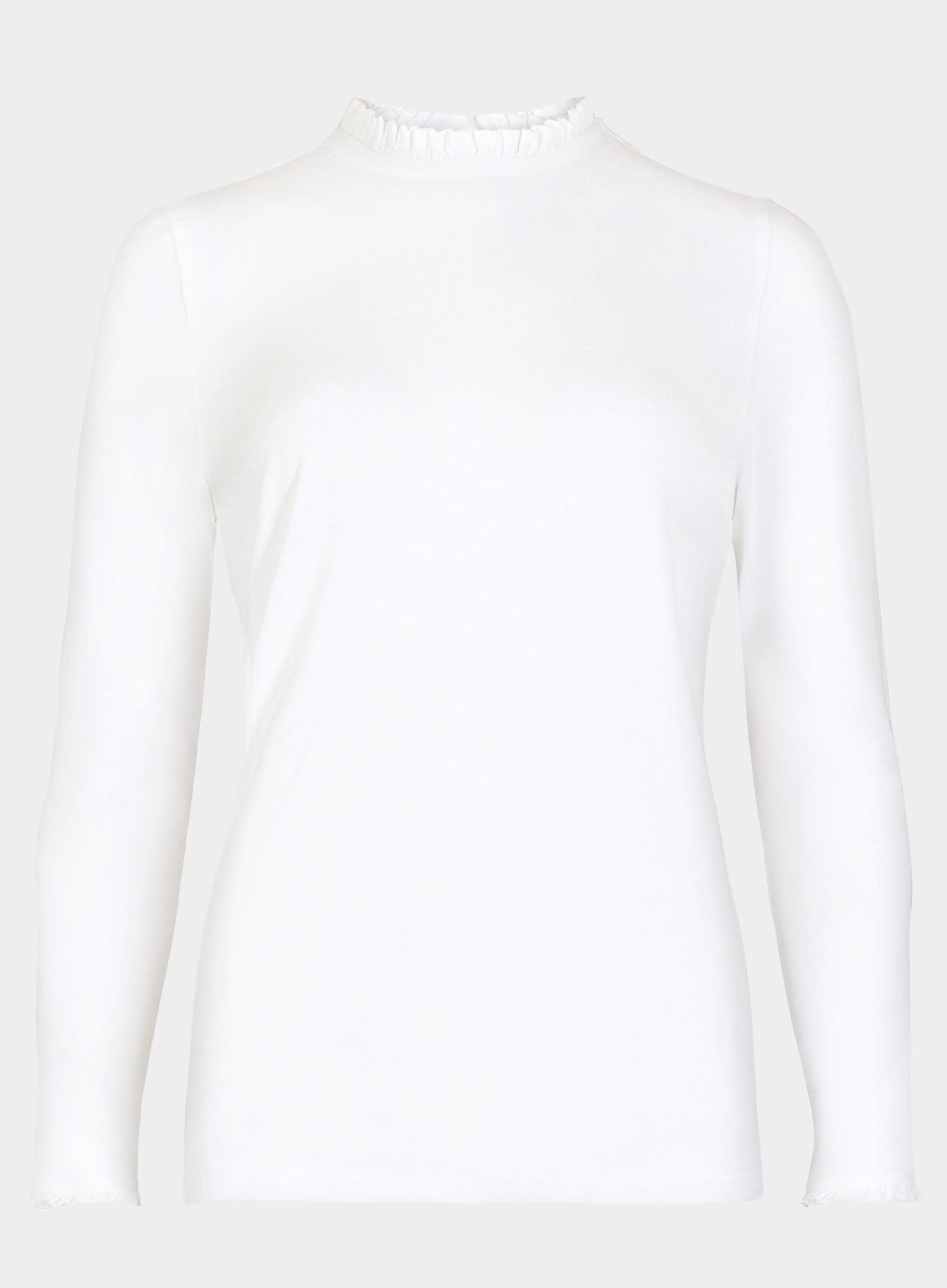 A white long-sleeve mock neck top with a delicate ruffled trim at the collar, shown against a light gray background.