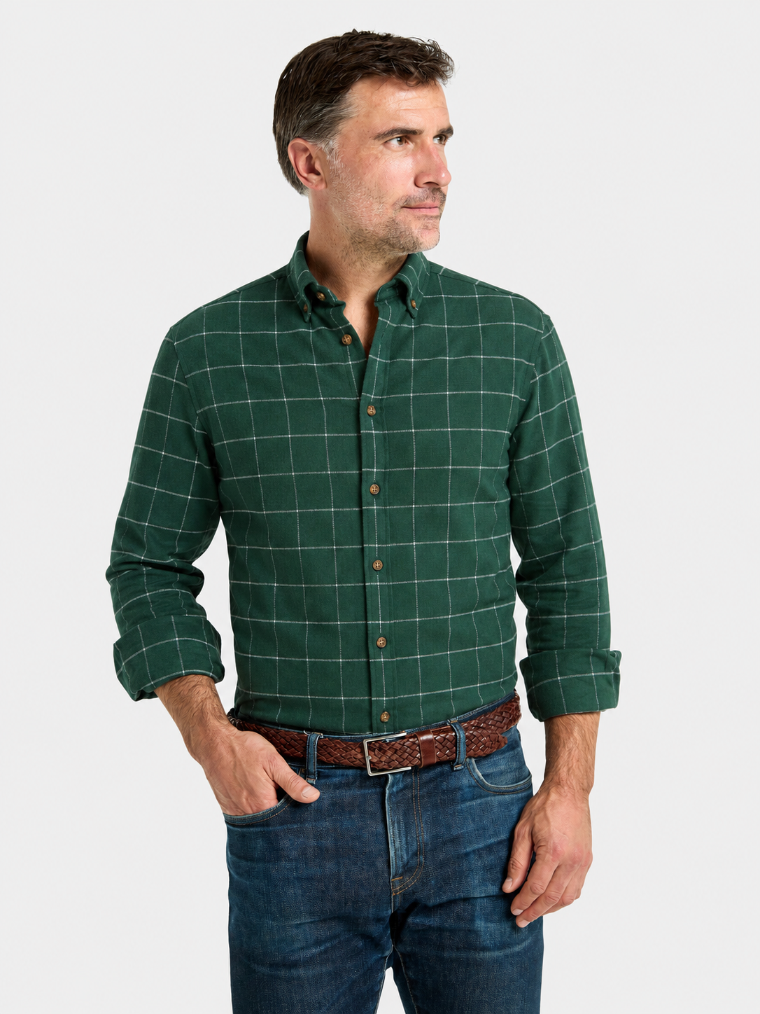 Button Down Flannel Shirt - Green and White Check