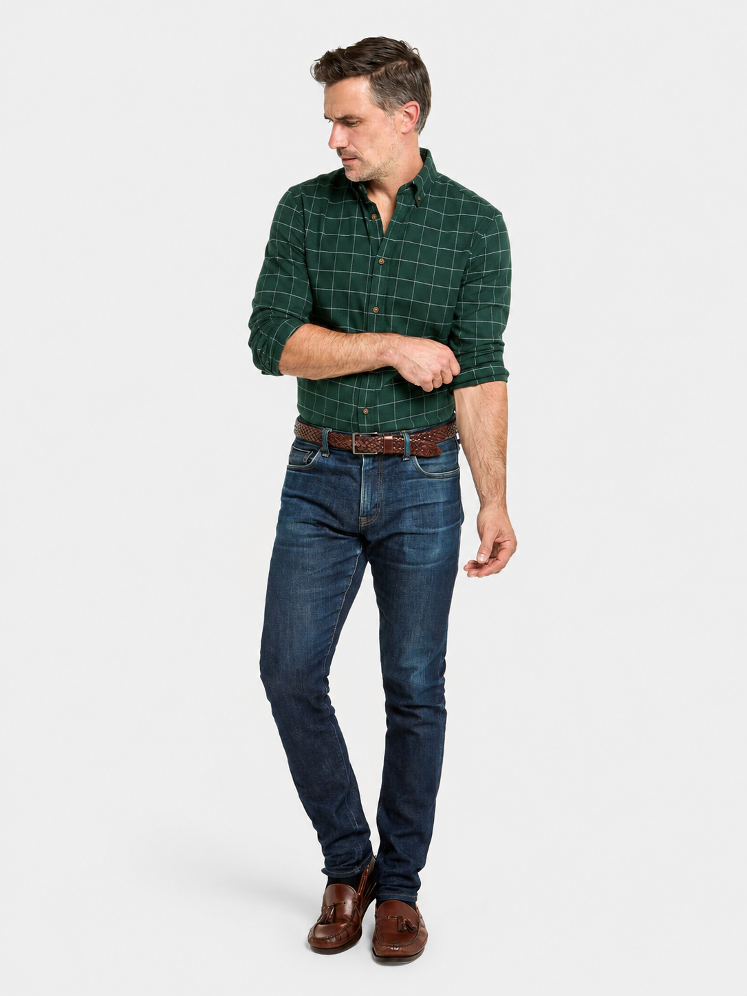 Button Down Flannel Shirt - Green and White Check