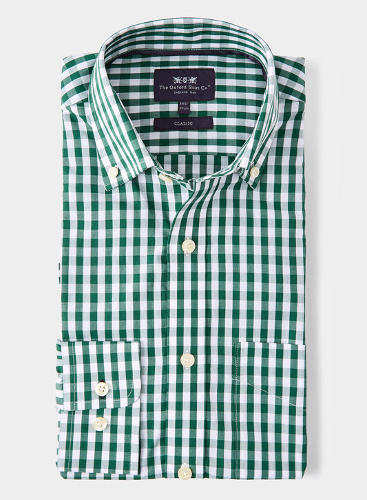 Button Down Cotton Poplin Shirt in Green Check