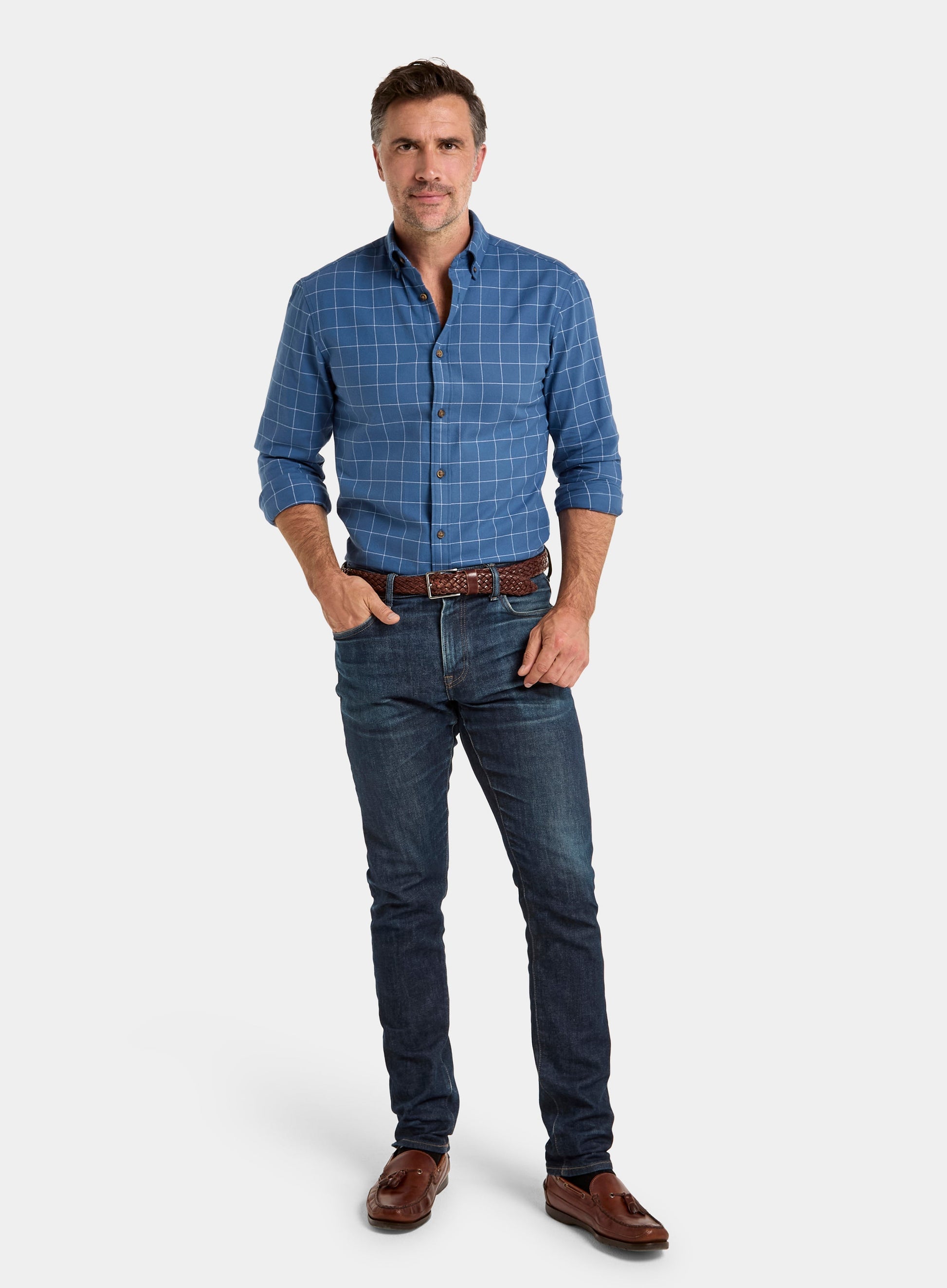 Button Down Flannel Shirt - Blue and White Check