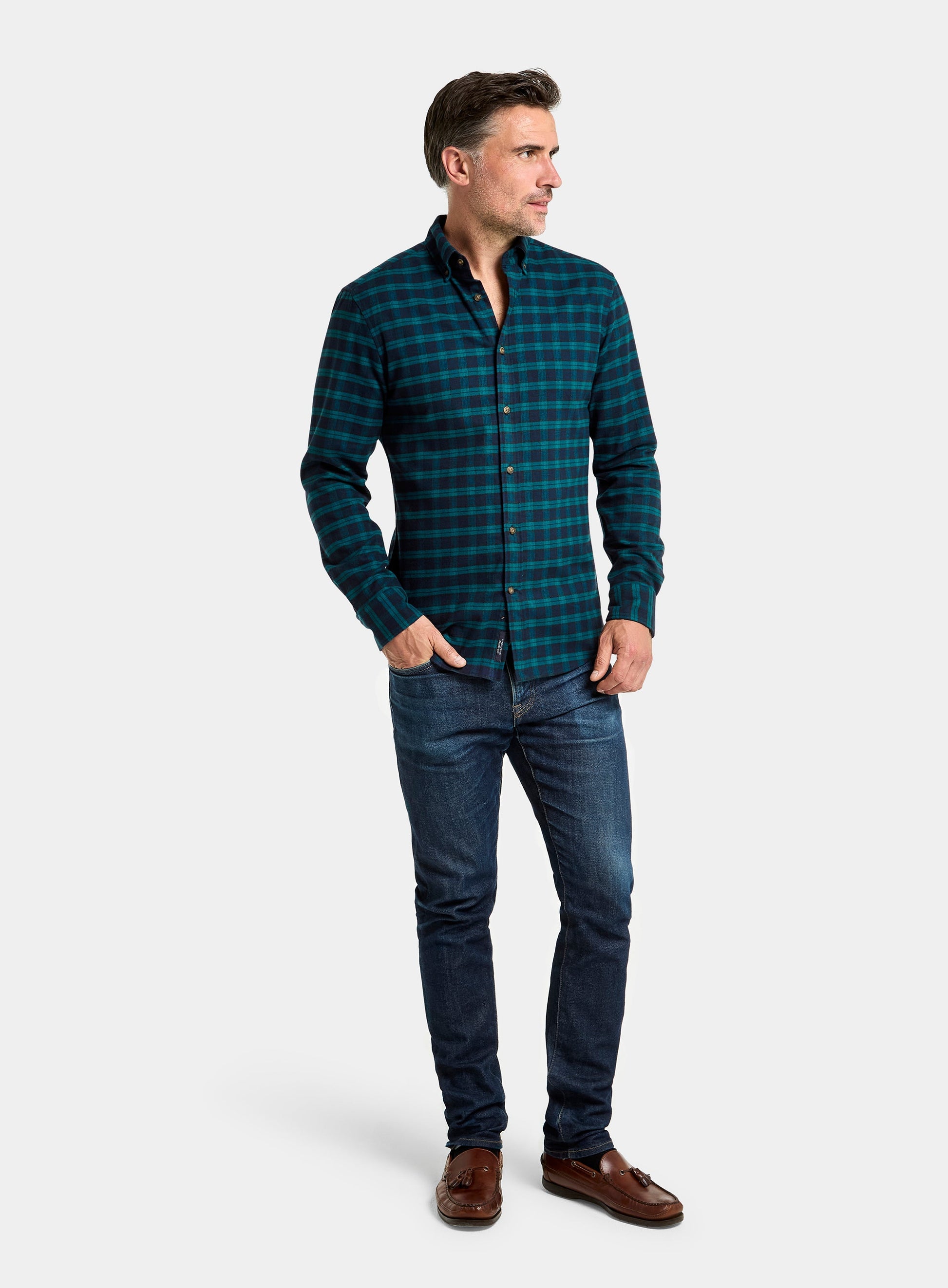 Button Down Flannel Shirt - Green and Navy Check