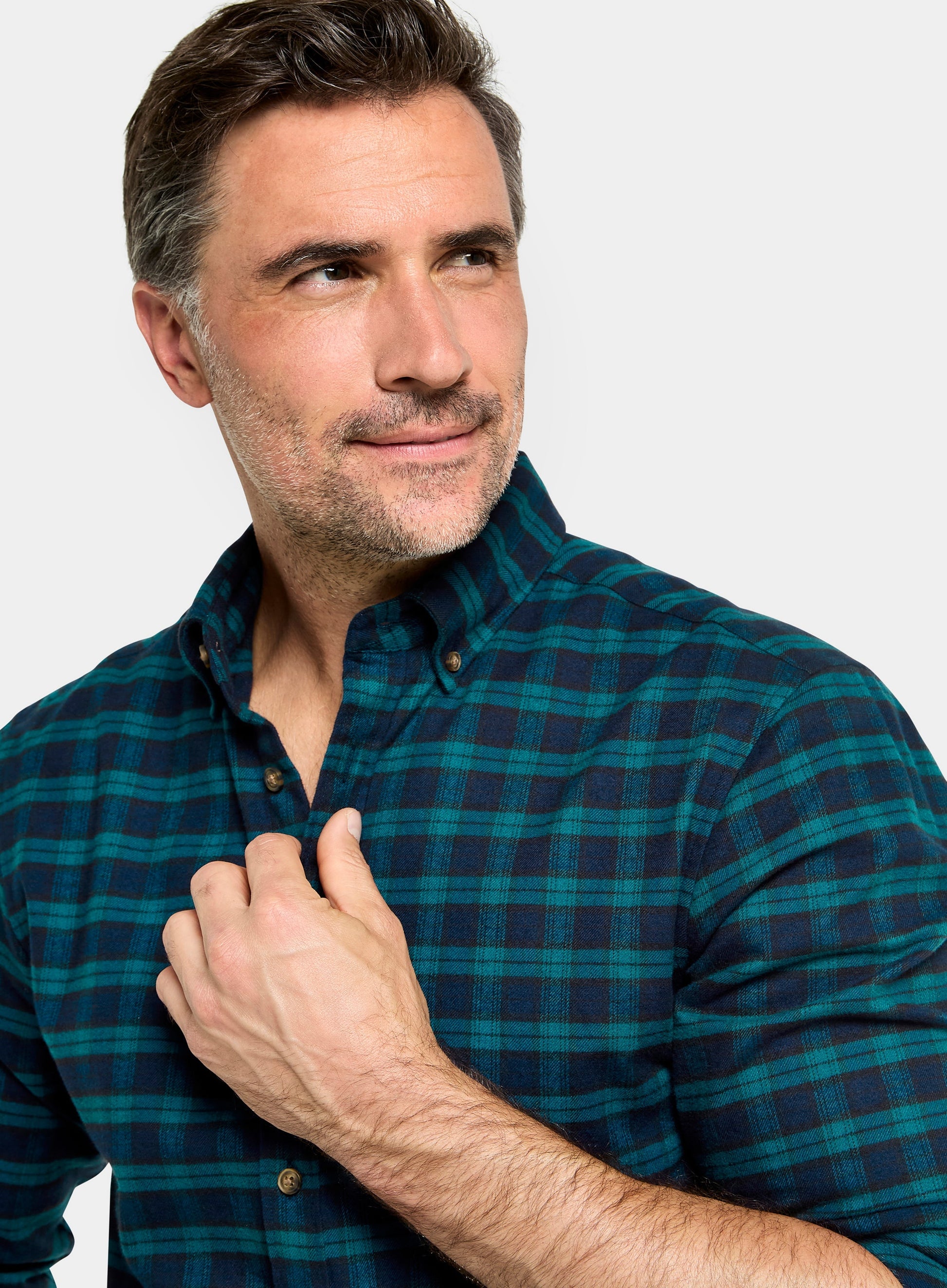 Button Down Flannel Shirt - Green and Navy Check