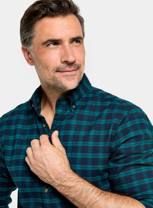 Button Down Flannel Shirt - Green and Navy Check