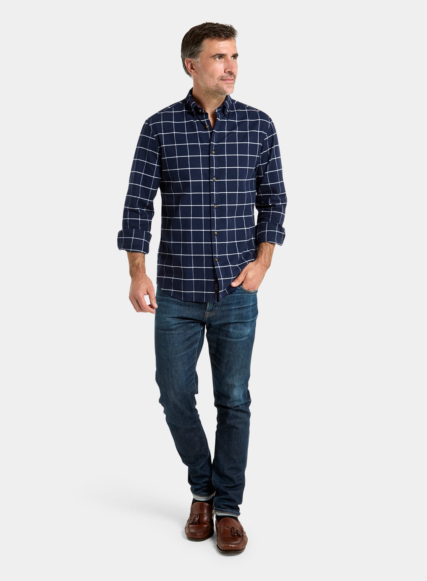 Button Down Flannel Shirt - Navy and White Check