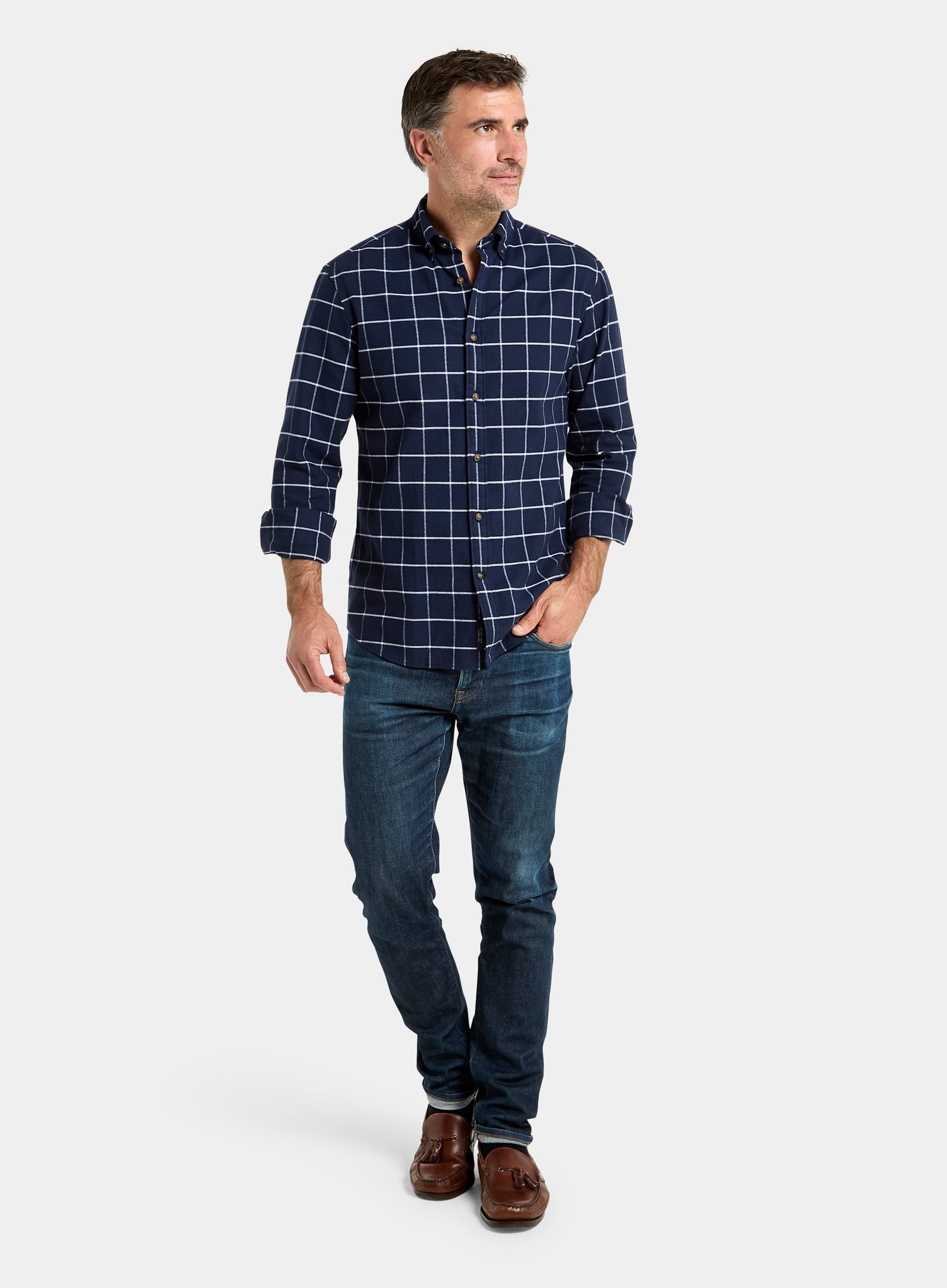 Button Down Flannel Shirt - Navy and White Check