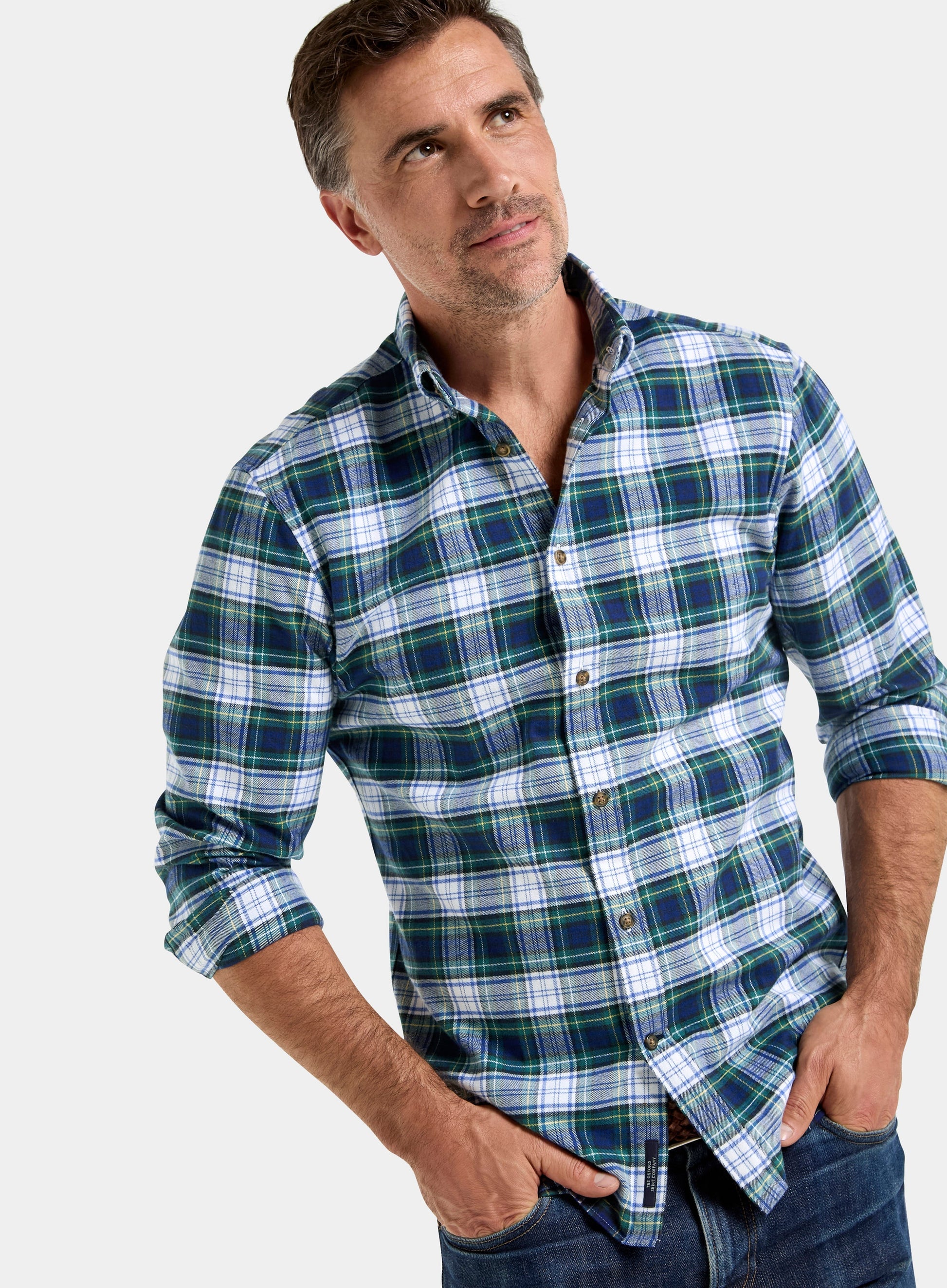Button Down Flannel Shirt - White and Green Check