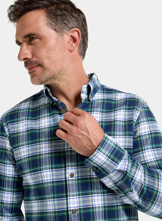 Button Down Flannel Shirt - White and Green Check