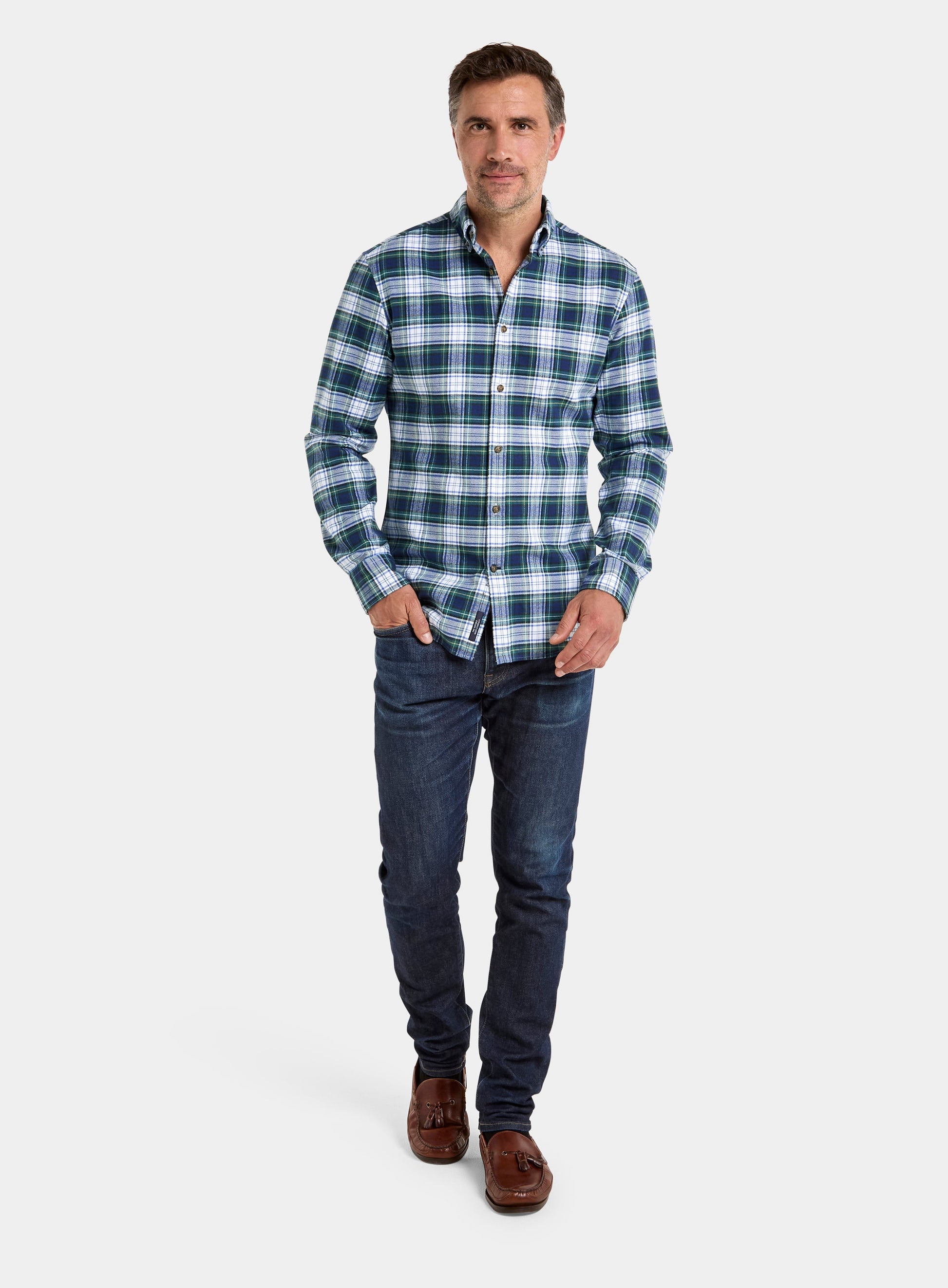 Button Down Flannel Shirt - White and Green Check
