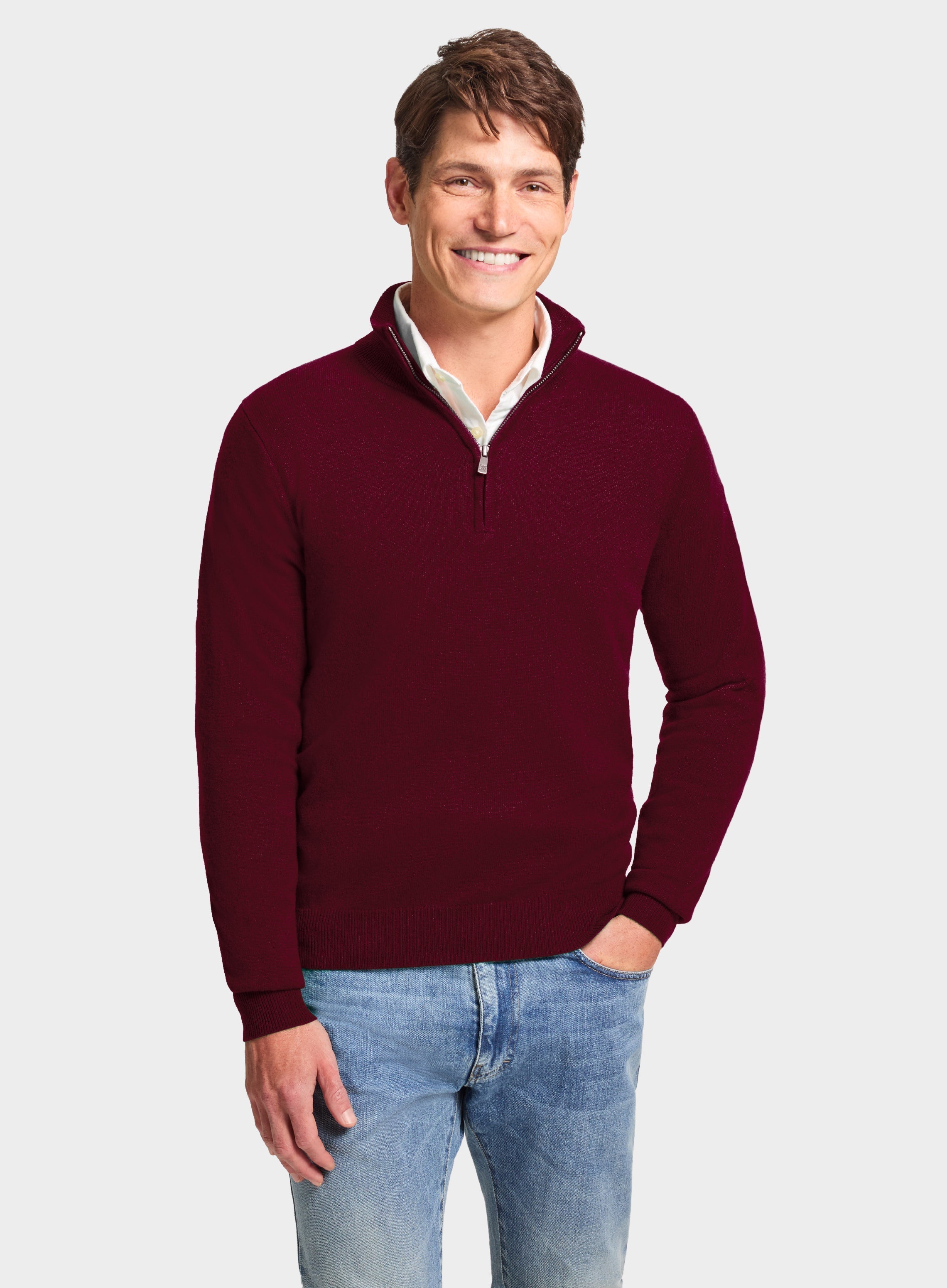 Mens Cashmere 1/4 Zip Jumper in Bordeaux - Oxford Shirt Co.