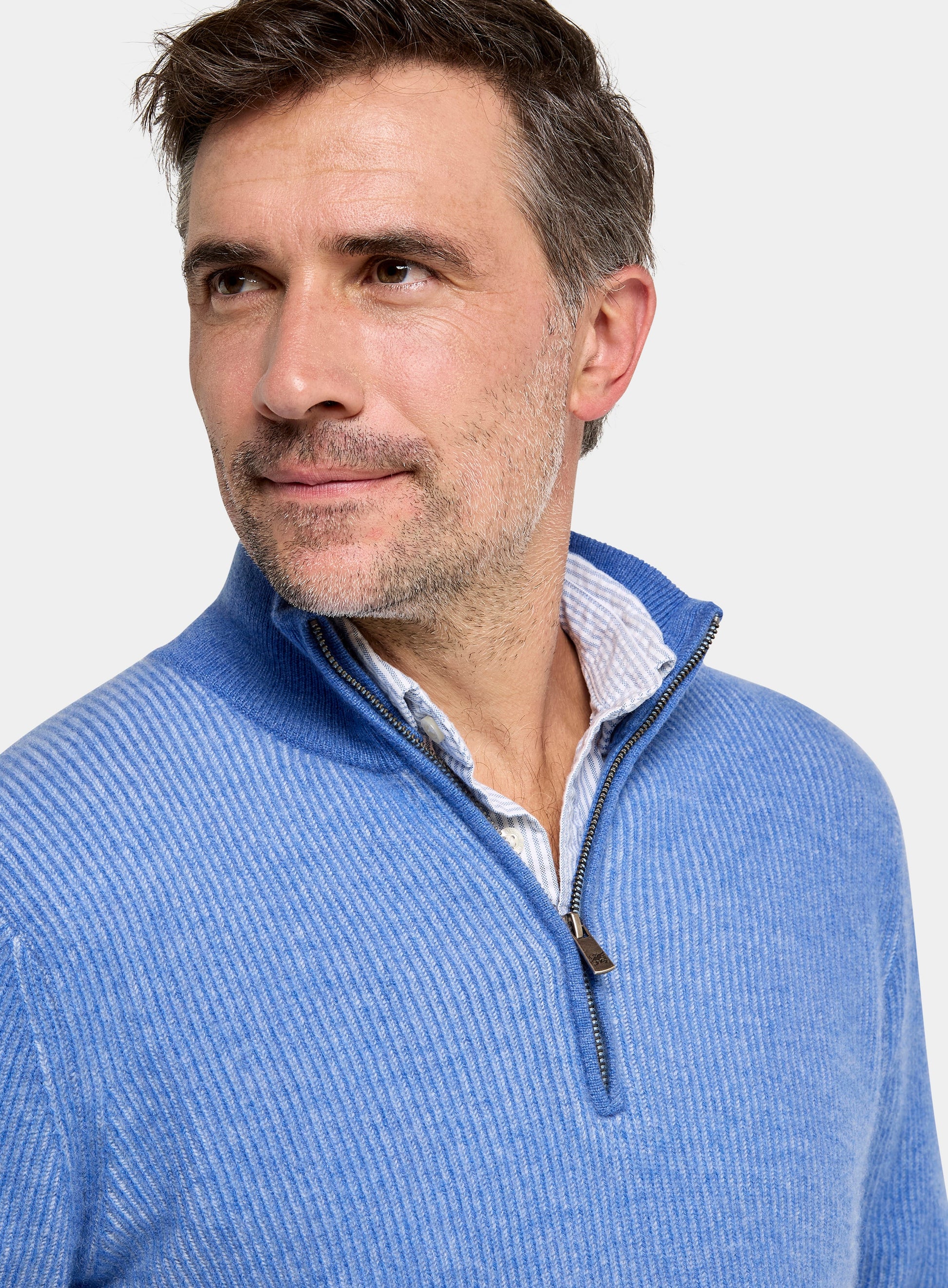 Cashmere Plaited Rib 1/4 Zip in Blue