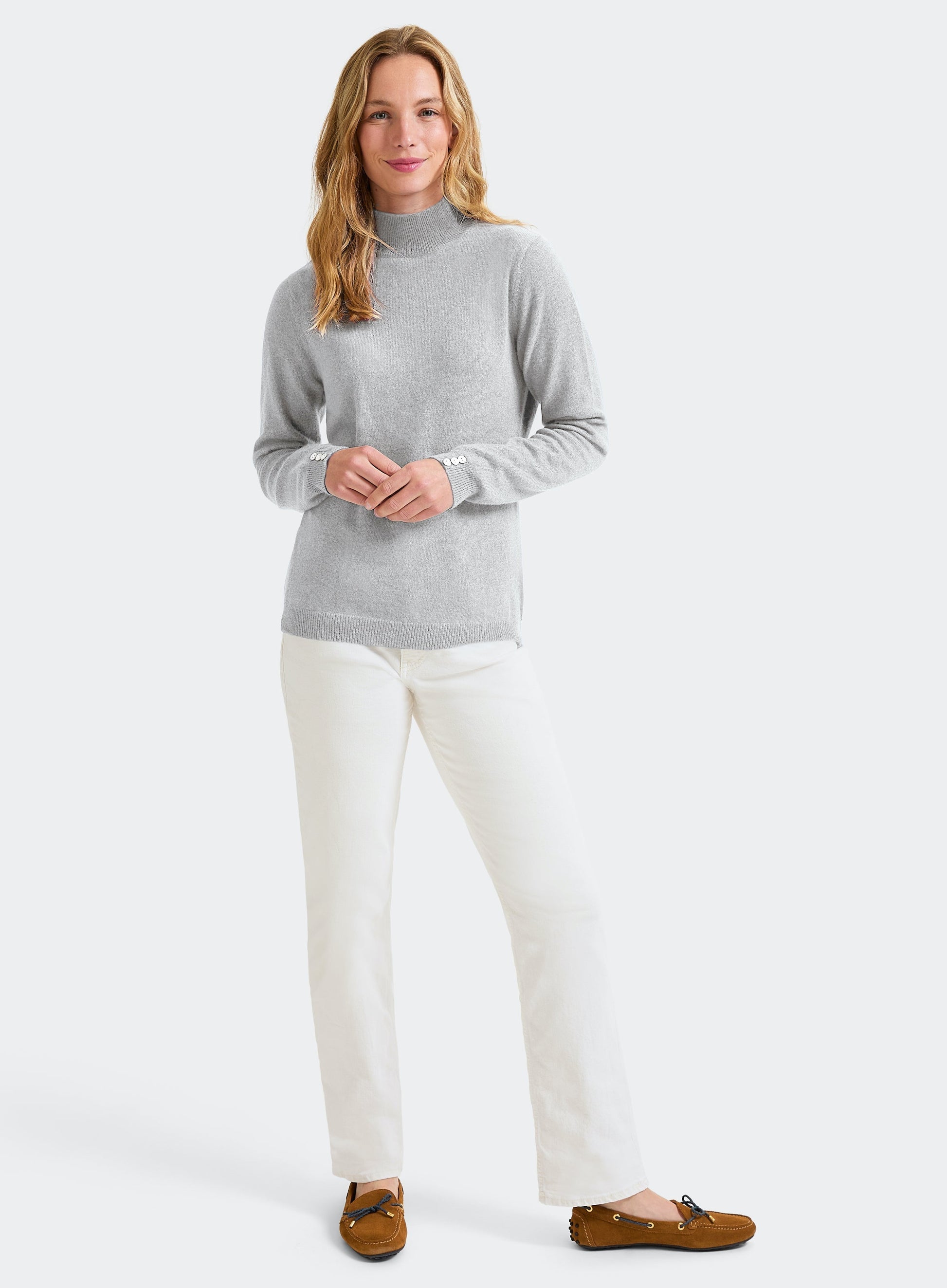 Womens Roll Neck Cashmere Jumper in Light Grey Oxford Shirt