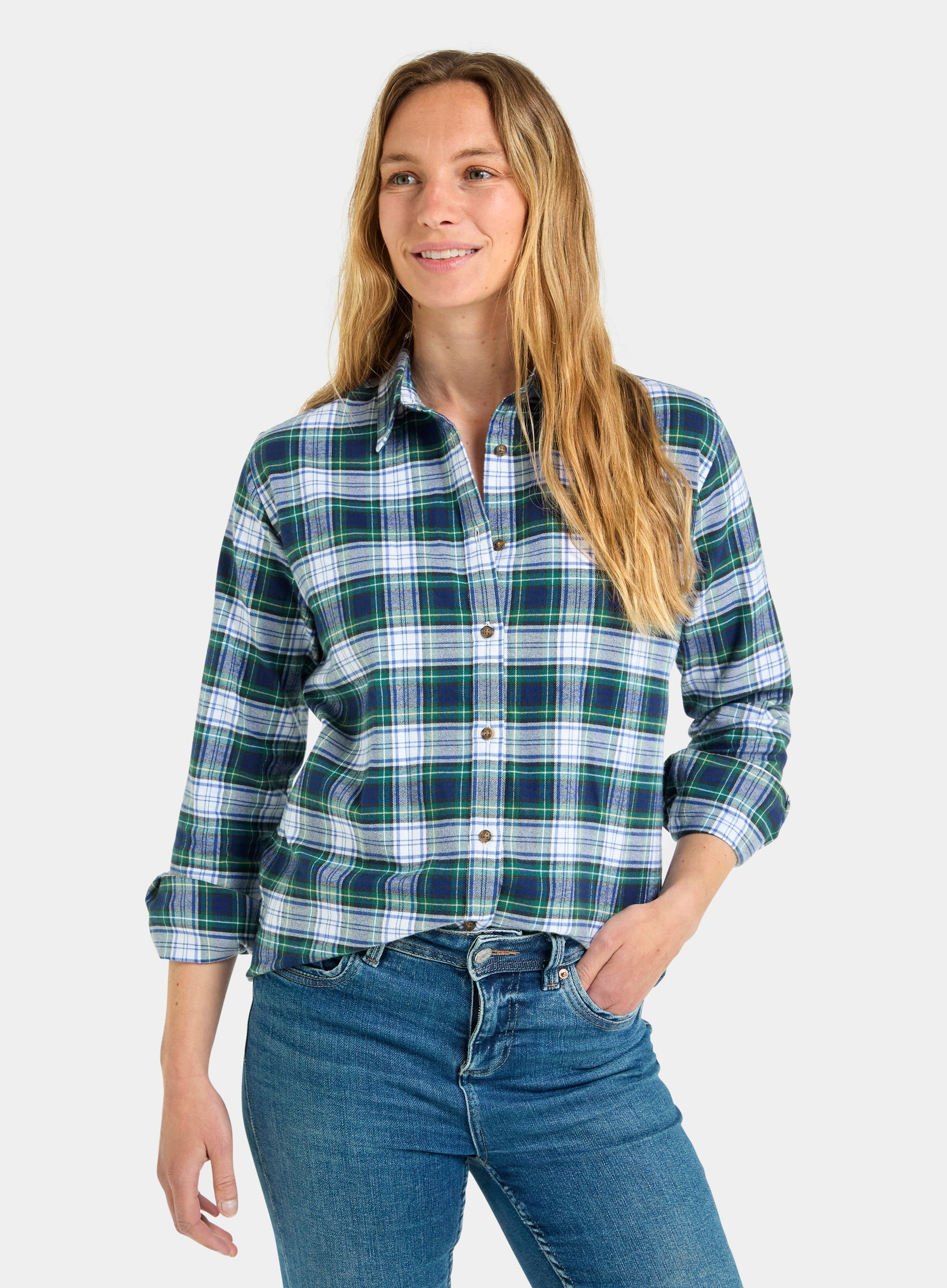 Classic Flannel Shirt - White and Green Check