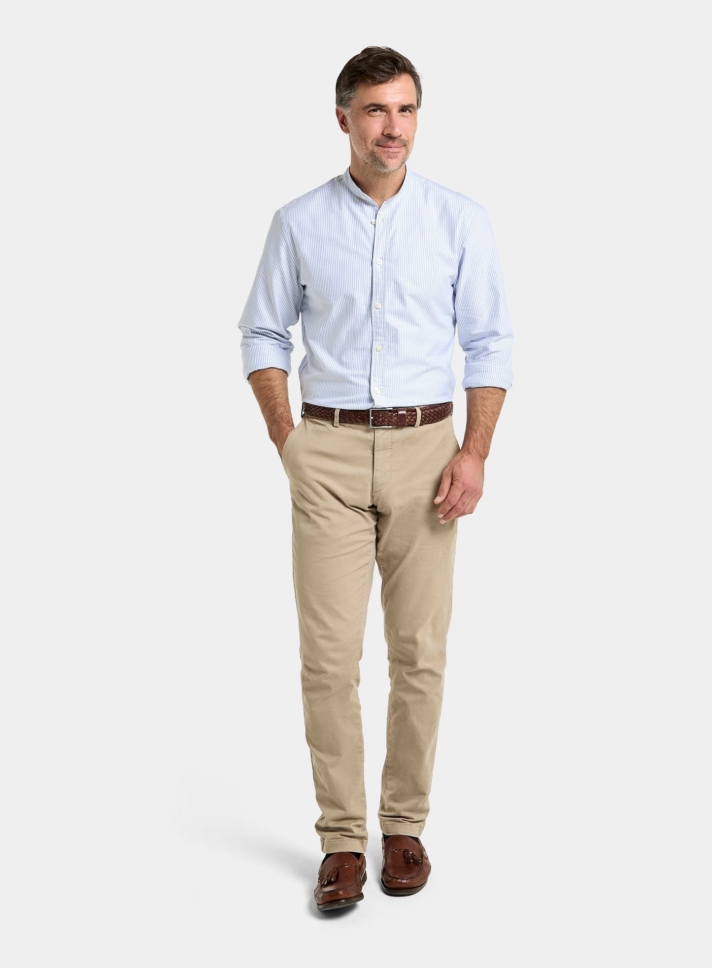 Collarless Oxford Shirt - Blue Stripe