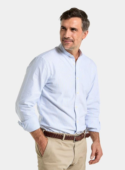Collarless Oxford Shirt - Blue Stripe