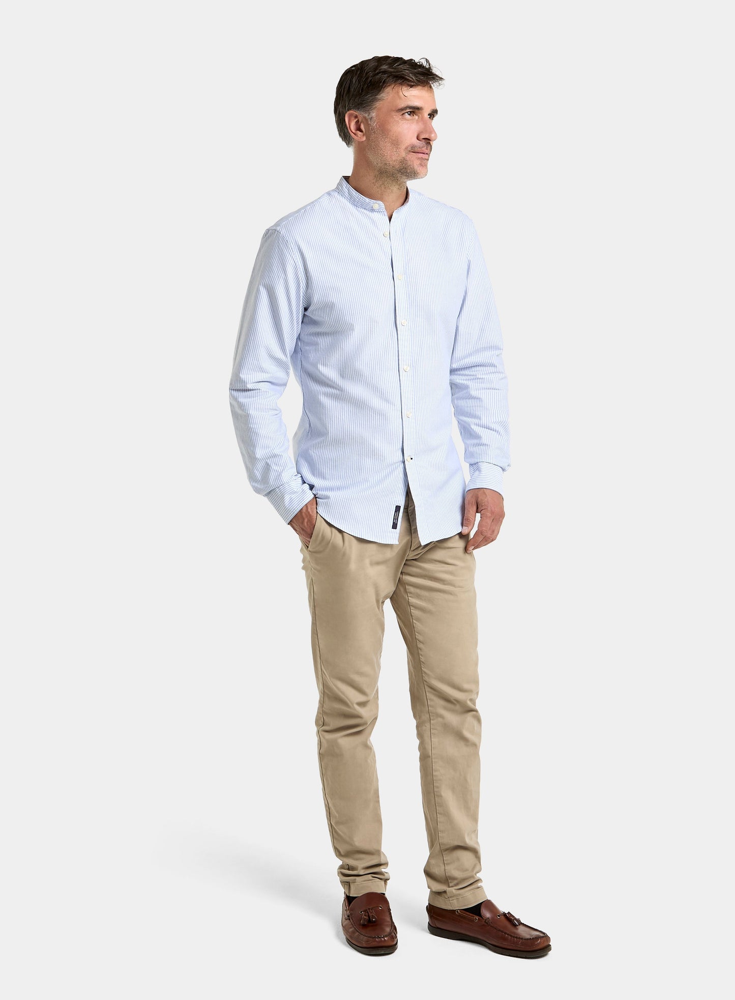 Collarless Oxford Shirt - Blue Stripe
