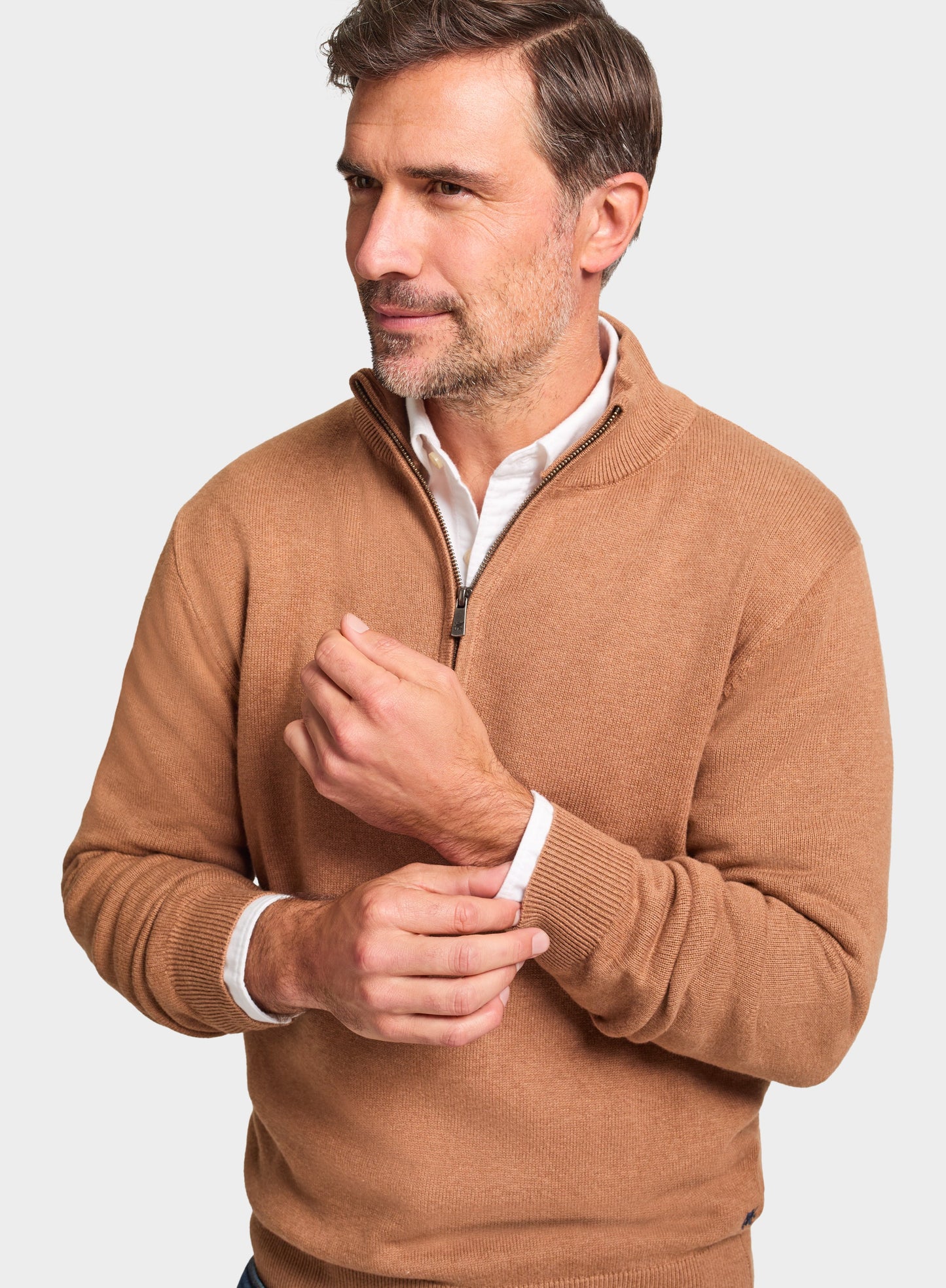 Cotton Cashmere 1/4 Zip in Light Brown