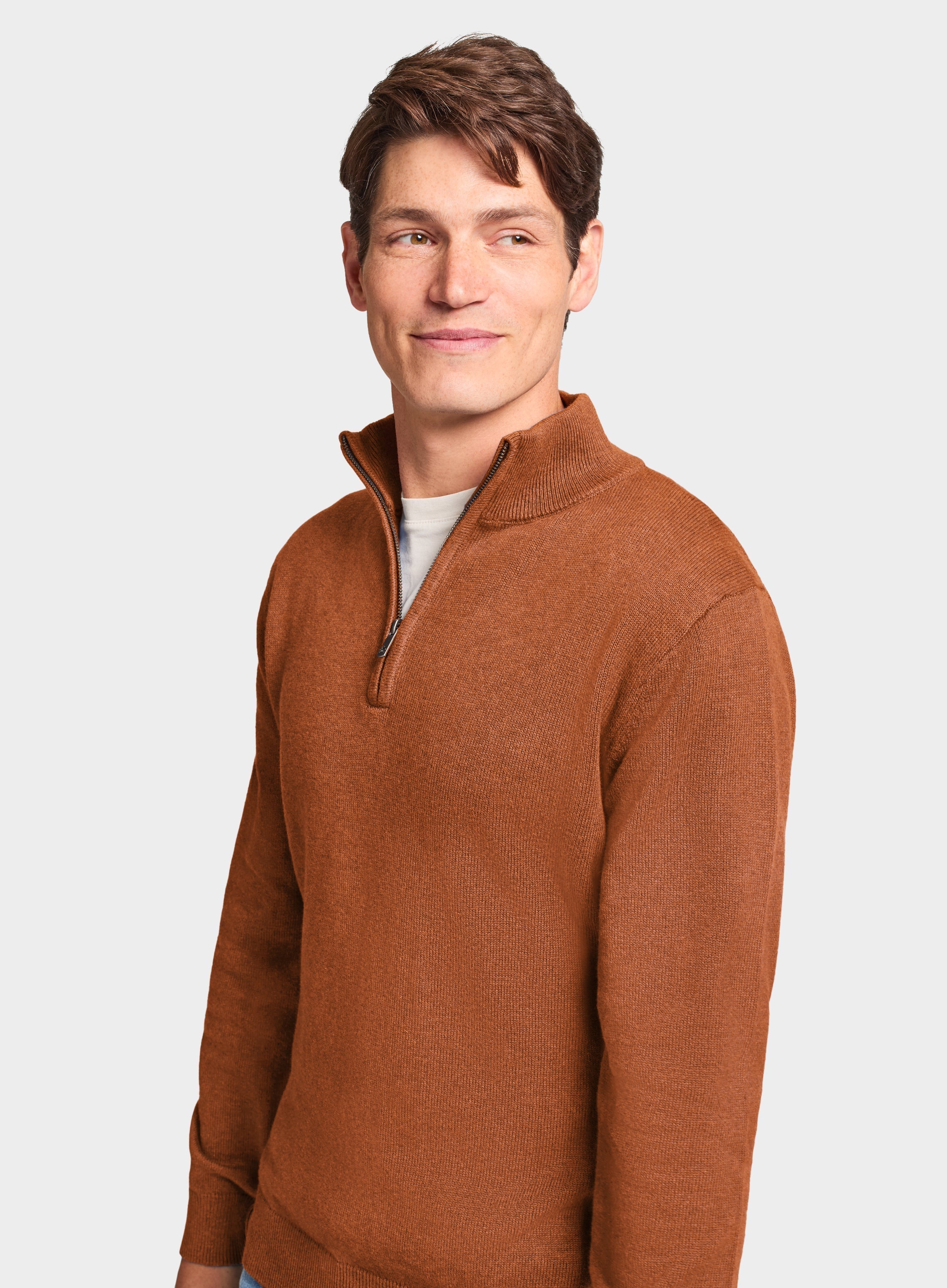 Mens Cotton Cashmere 1/4 Zip Jumper in Rust - Oxford Shirt Co.
