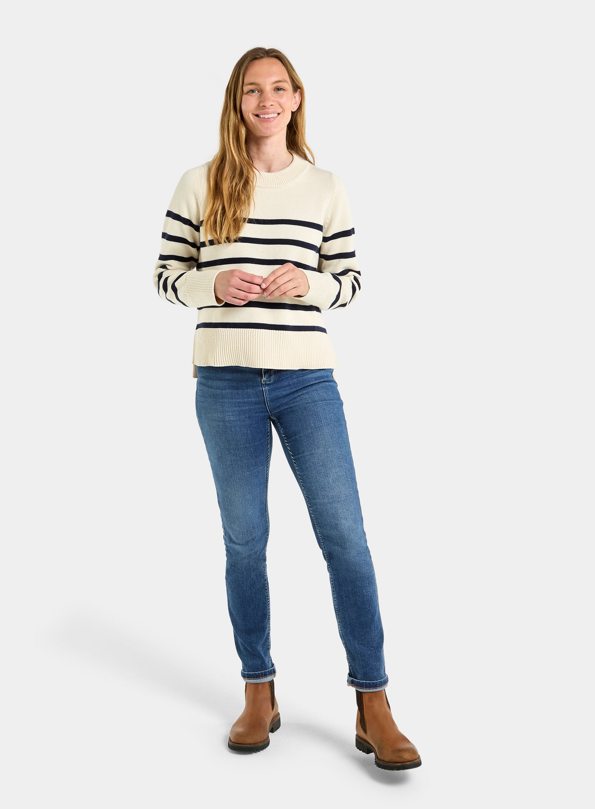 Cotton Cashmere Crew Neck - Ecru and Navy Stripe