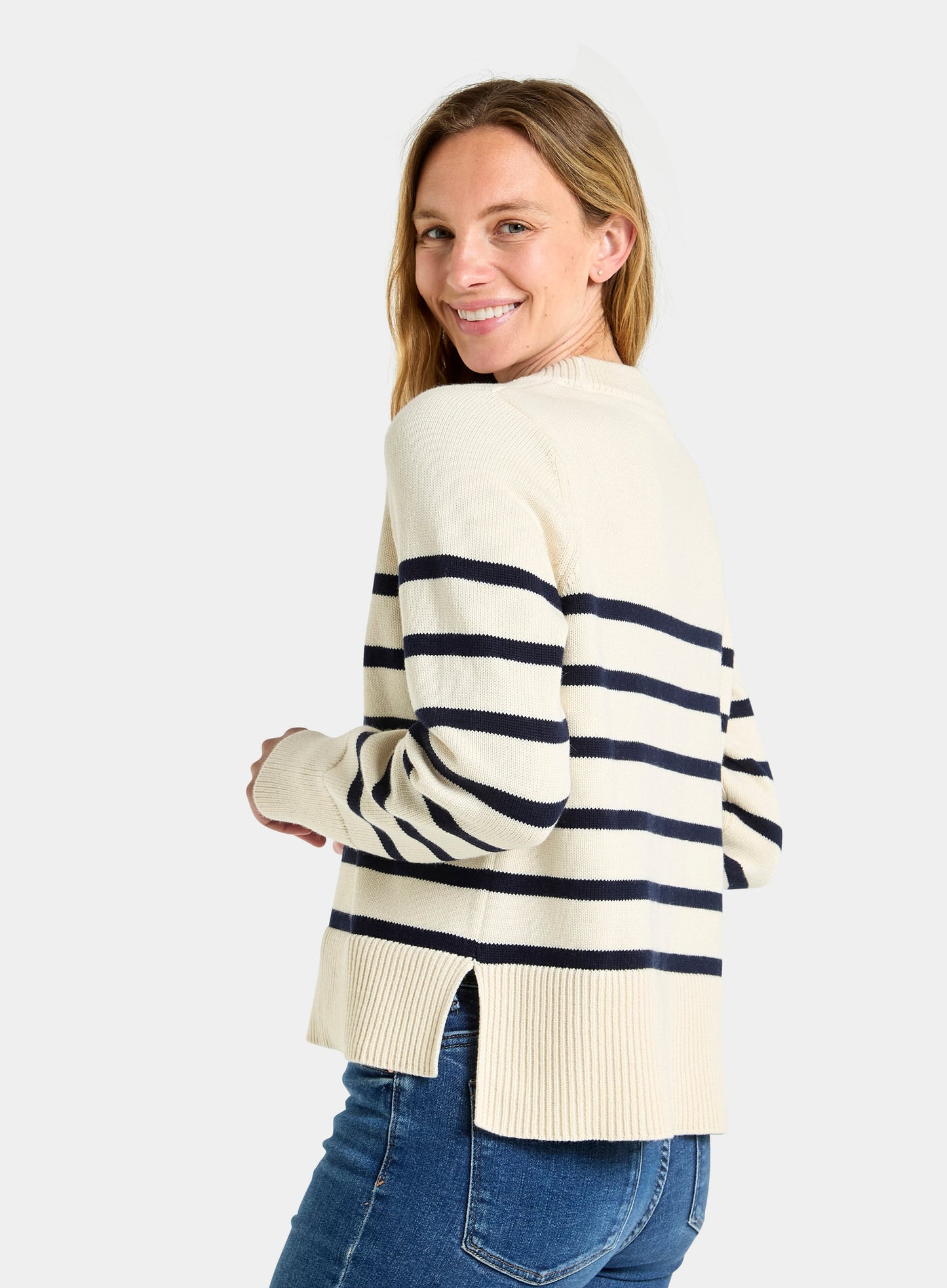 Cotton Cashmere Crew Neck - Ecru and Navy Stripe