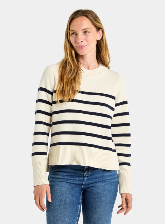 Cotton Cashmere Crew Neck - Ecru and Navy Stripe
