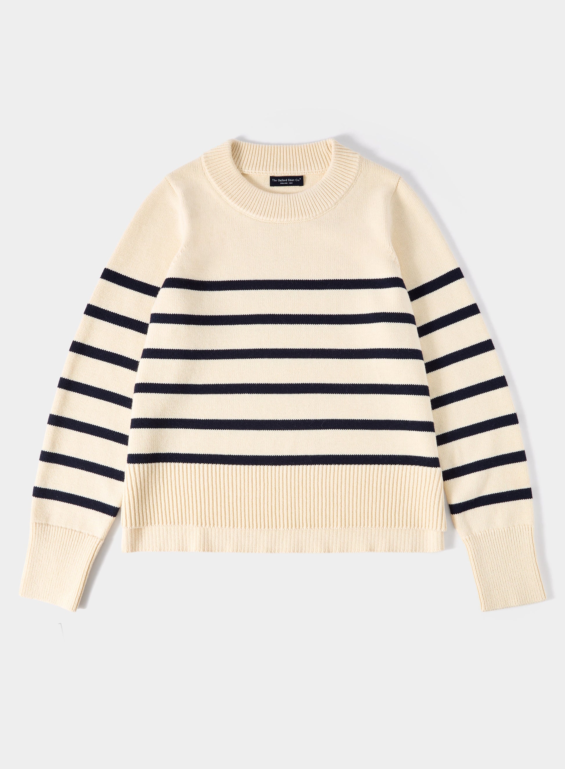 Cotton Cashmere Crew Neck - Ecru and Navy Stripe