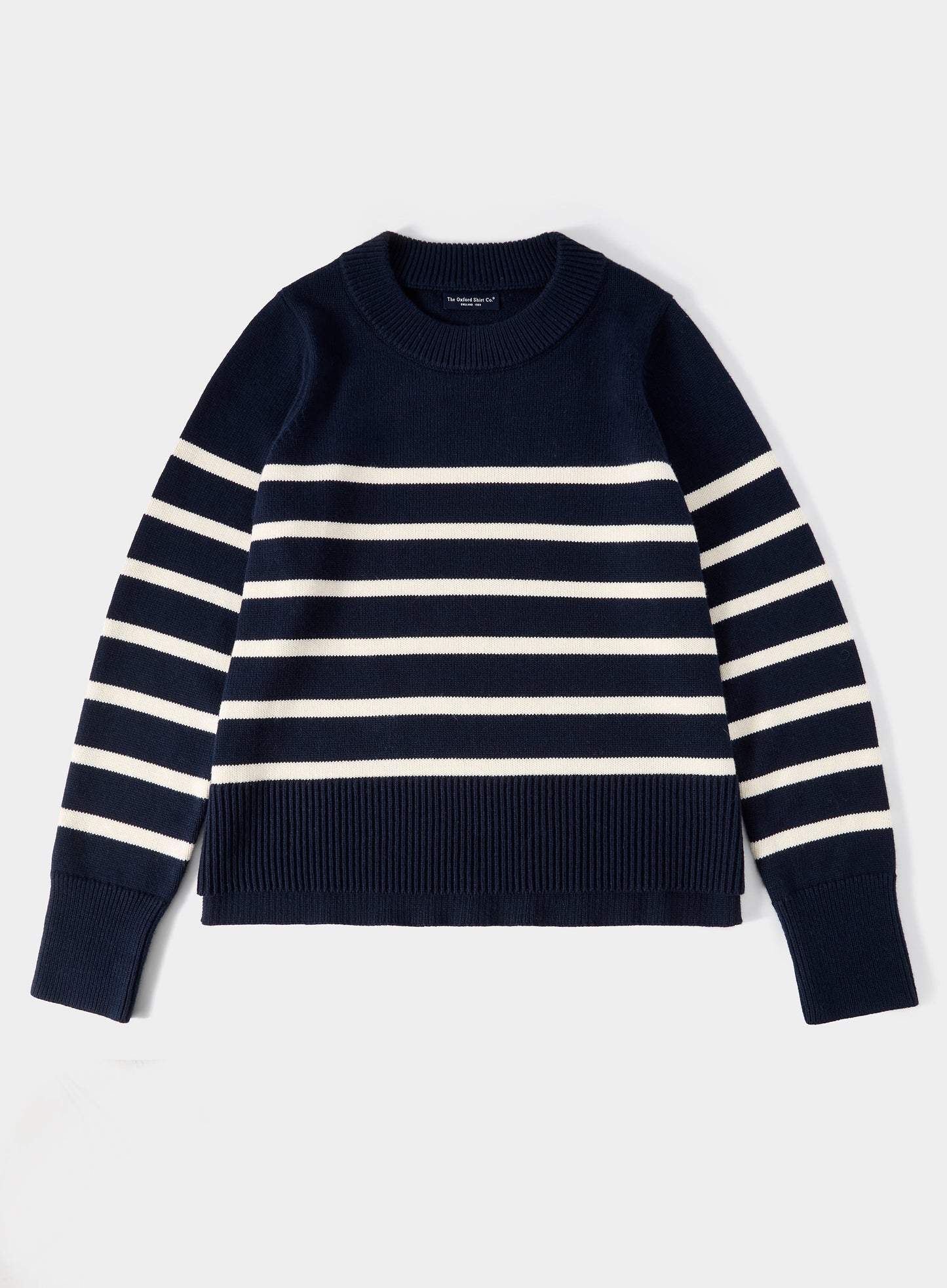 Cotton Cashmere Crew Neck - Navy and Cream Stripe