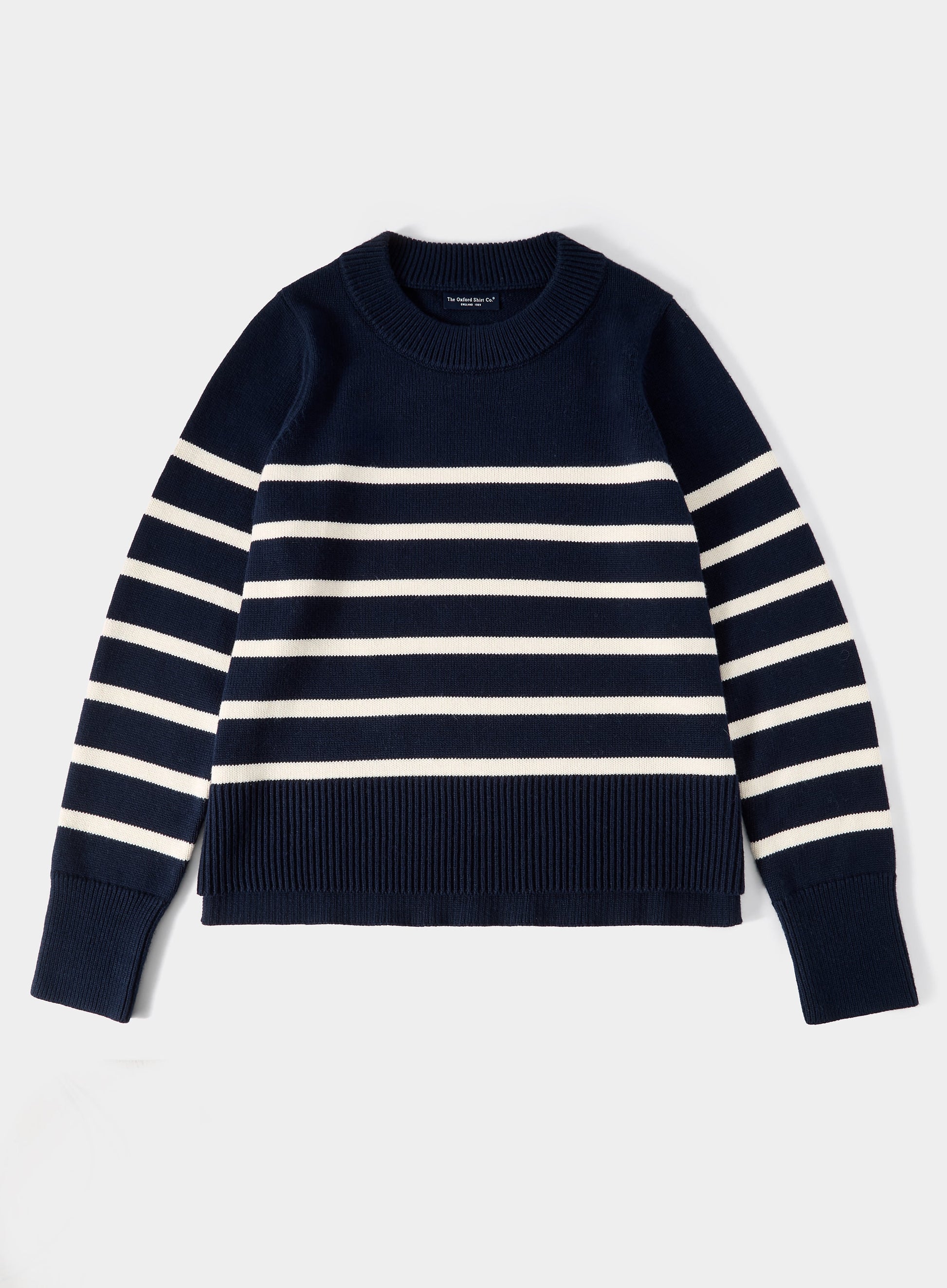 Cotton Cashmere Crew Neck - Navy and Cream Stripe