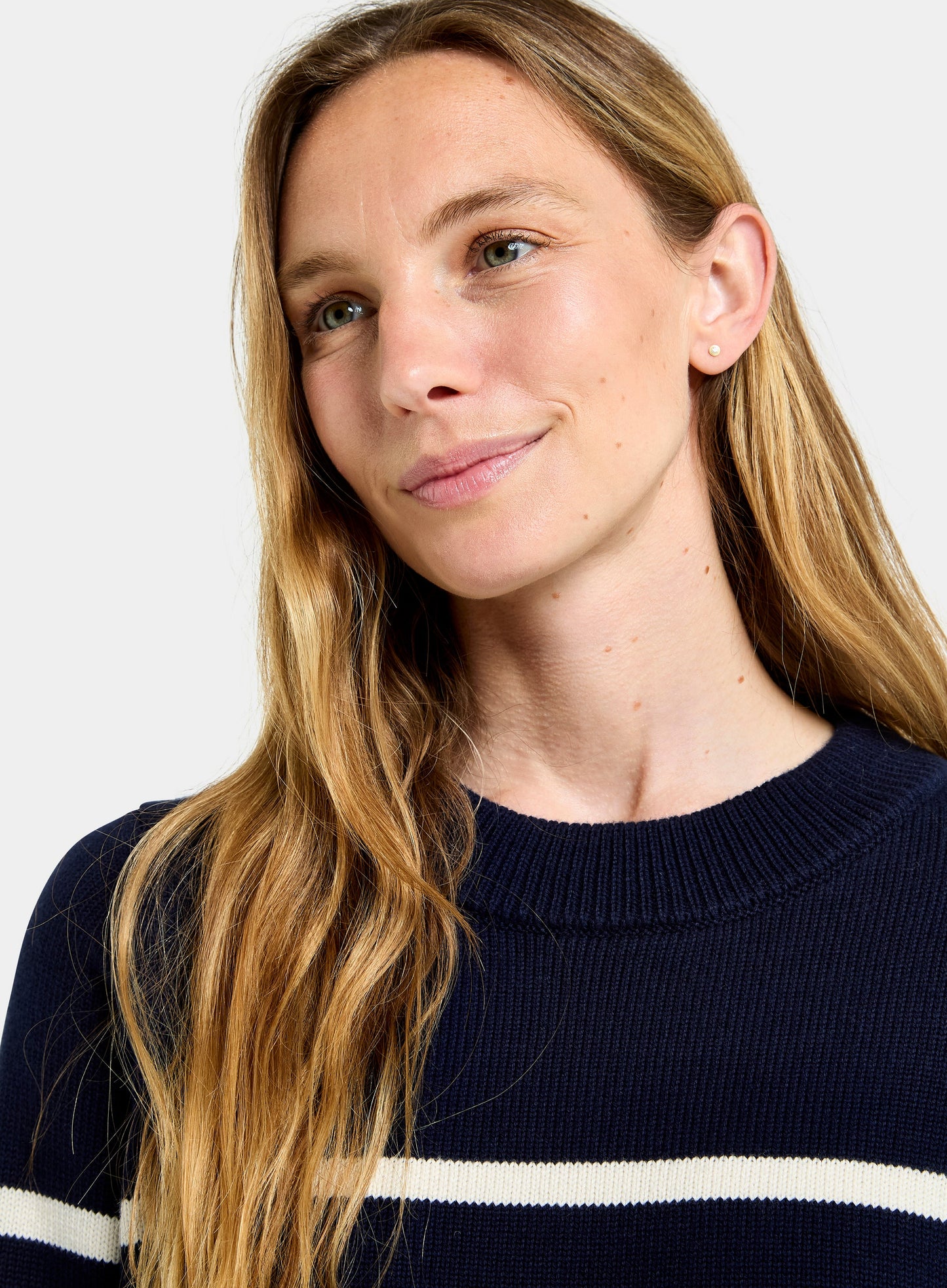 Cotton Cashmere Crew Neck - Navy and Cream Stripe