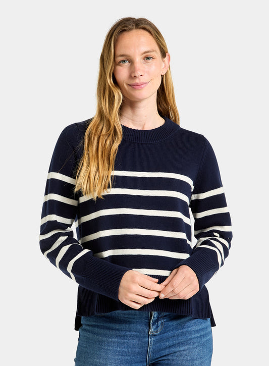 Cotton Cashmere Crew Neck - Navy and Cream Stripe