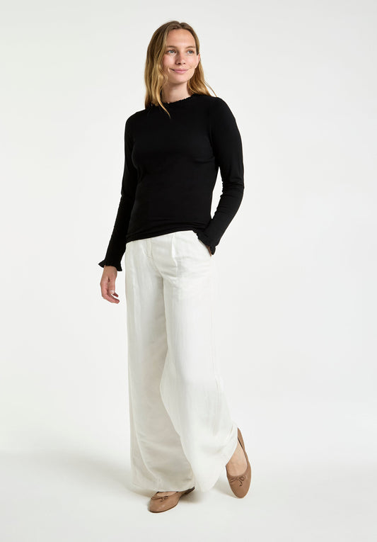 Frill Neck Long Sleeve Top in Black