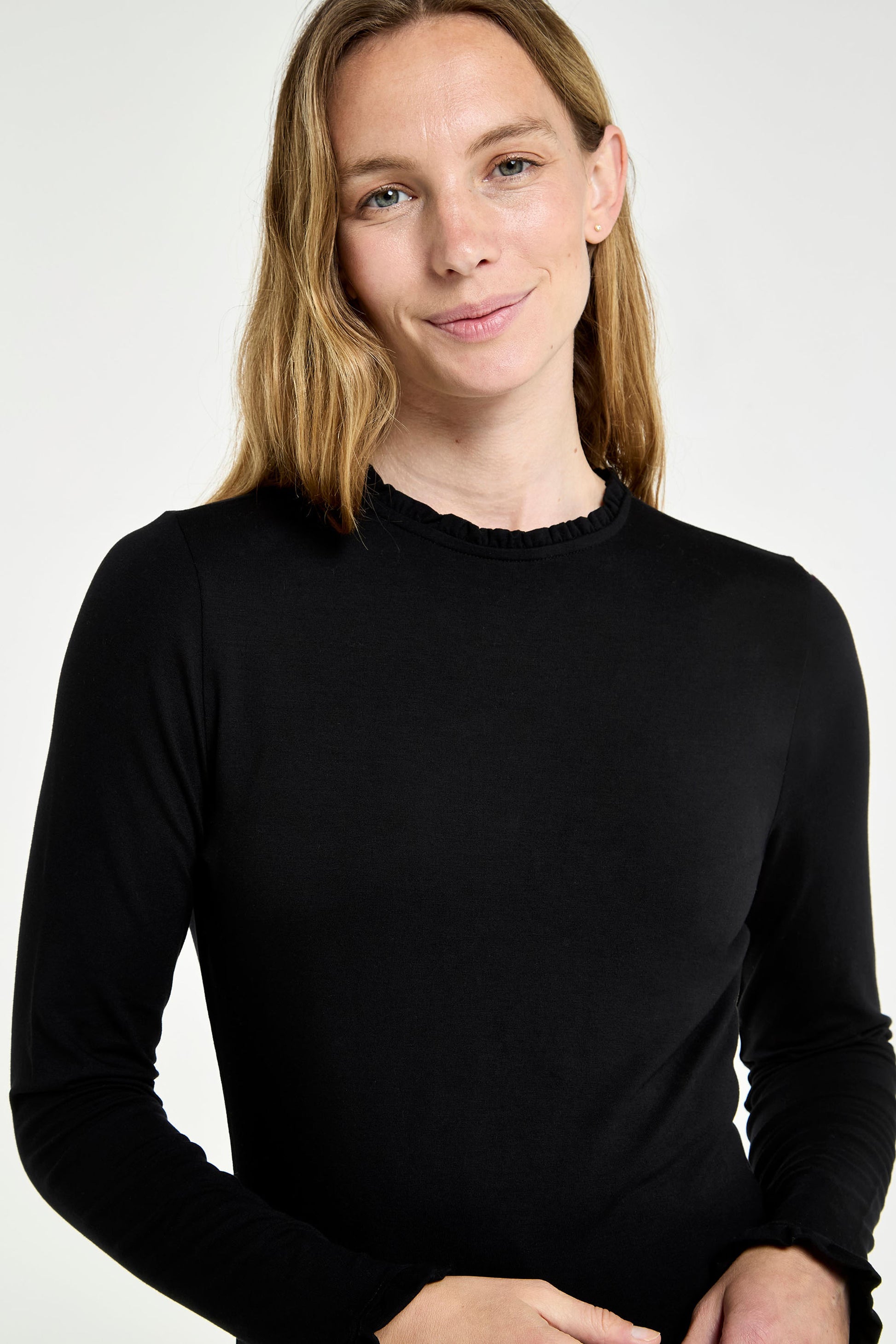 Frill Neck Long Sleeve Top in Black