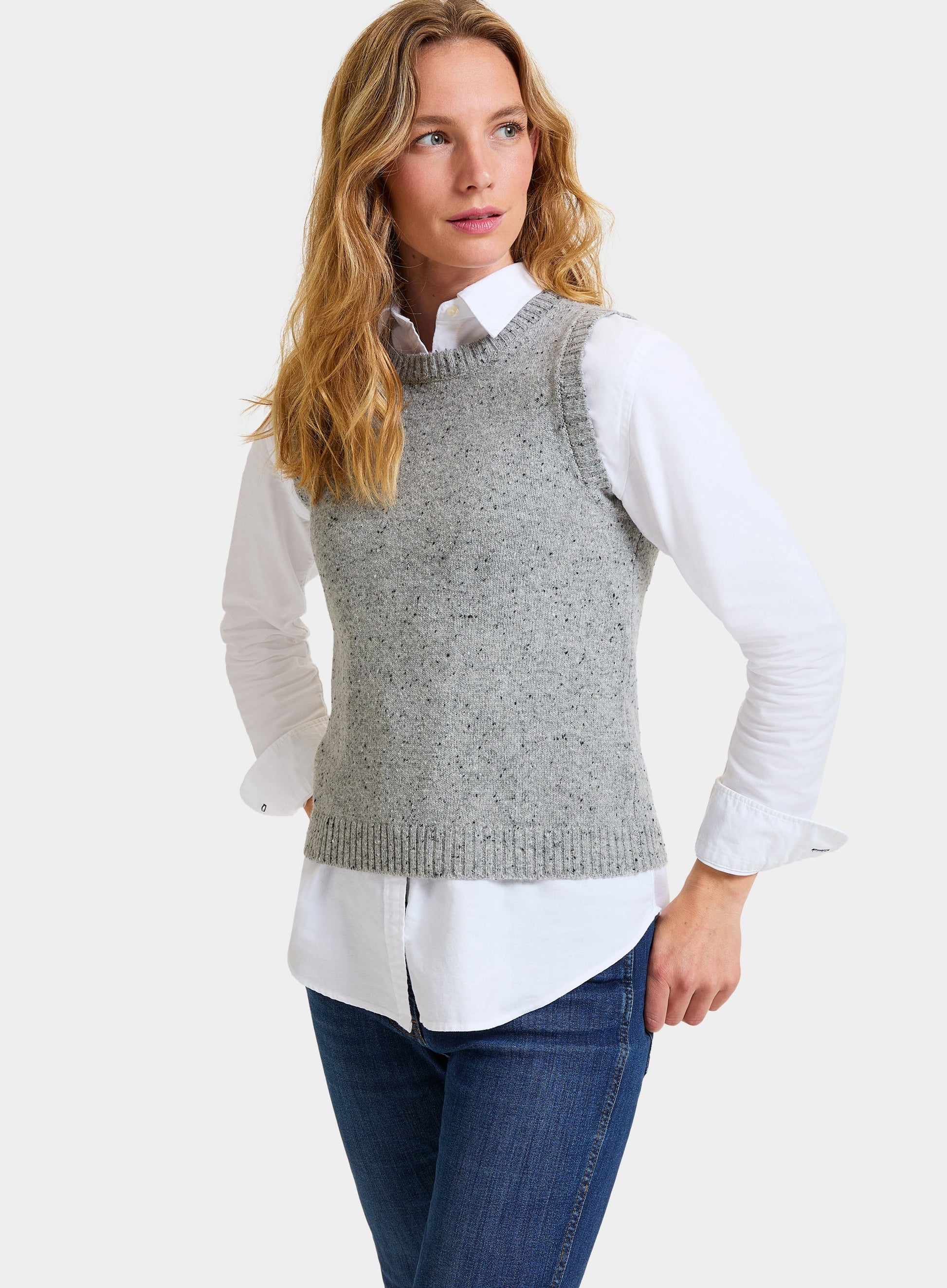 Womens Knitted Neppy Vest in Grey Oxford Shirt - Main Image
