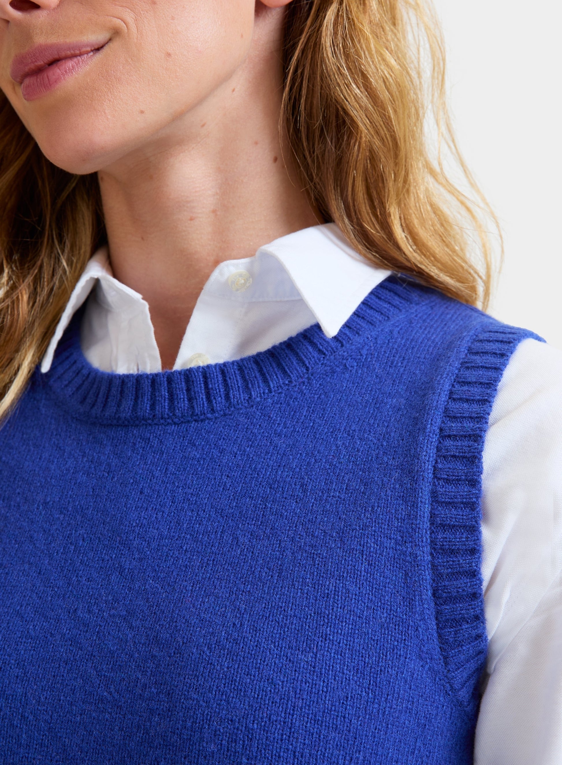 Womens Knitted Vest in Blue Oxford Shirt