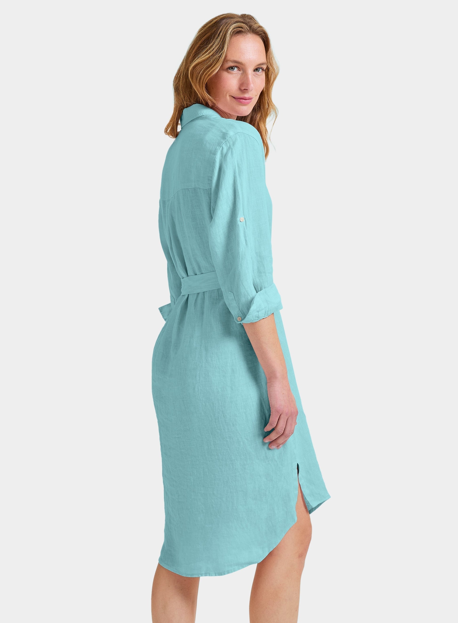 Womens Linen Shirt Dress in Aqua Oxford Shirt