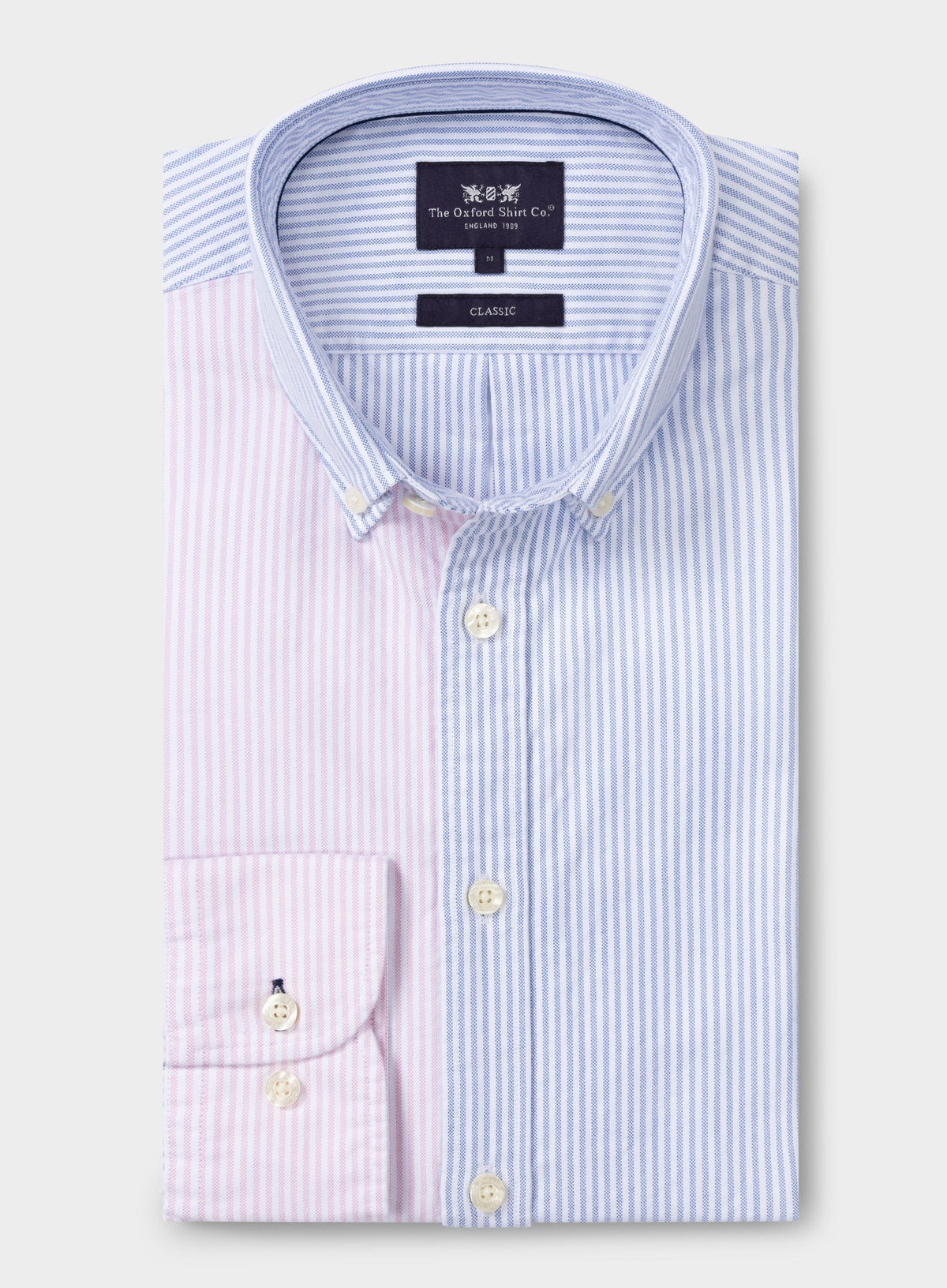 Men’s button-down colour-block Oxford shirt in Blue & Pink Stripe.