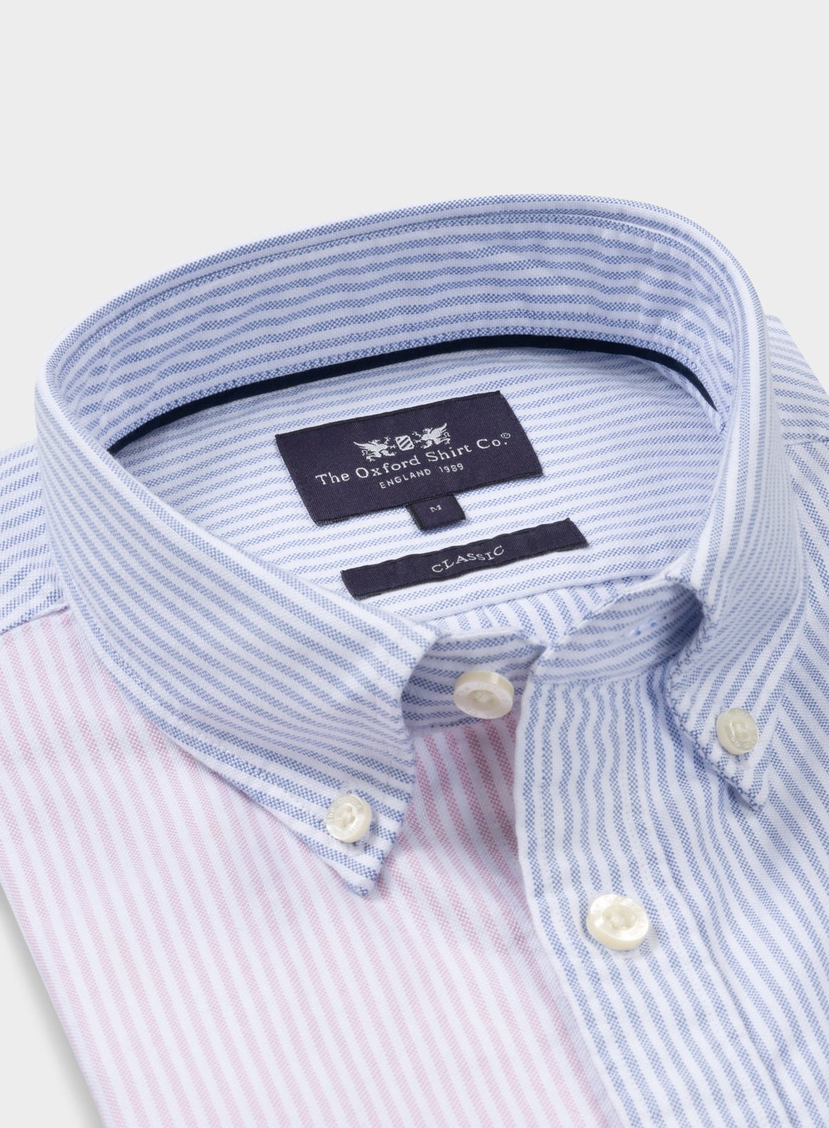 Men’s button-down colour-block Oxford shirt in Blue & Pink Stripe.