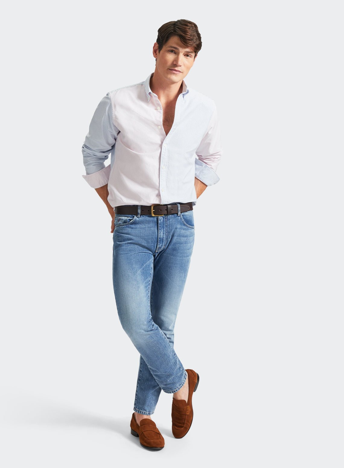 Men’s button-down colour-block Oxford shirt in Blue & Pink Stripe.