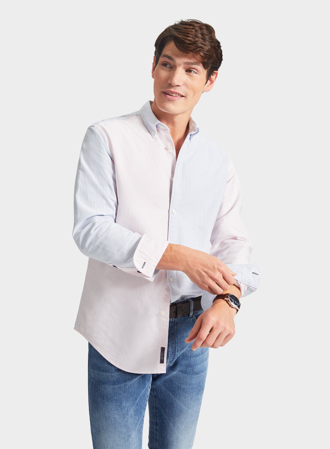 Men’s button-down colour-block Oxford shirt in Blue & Pink Stripe.