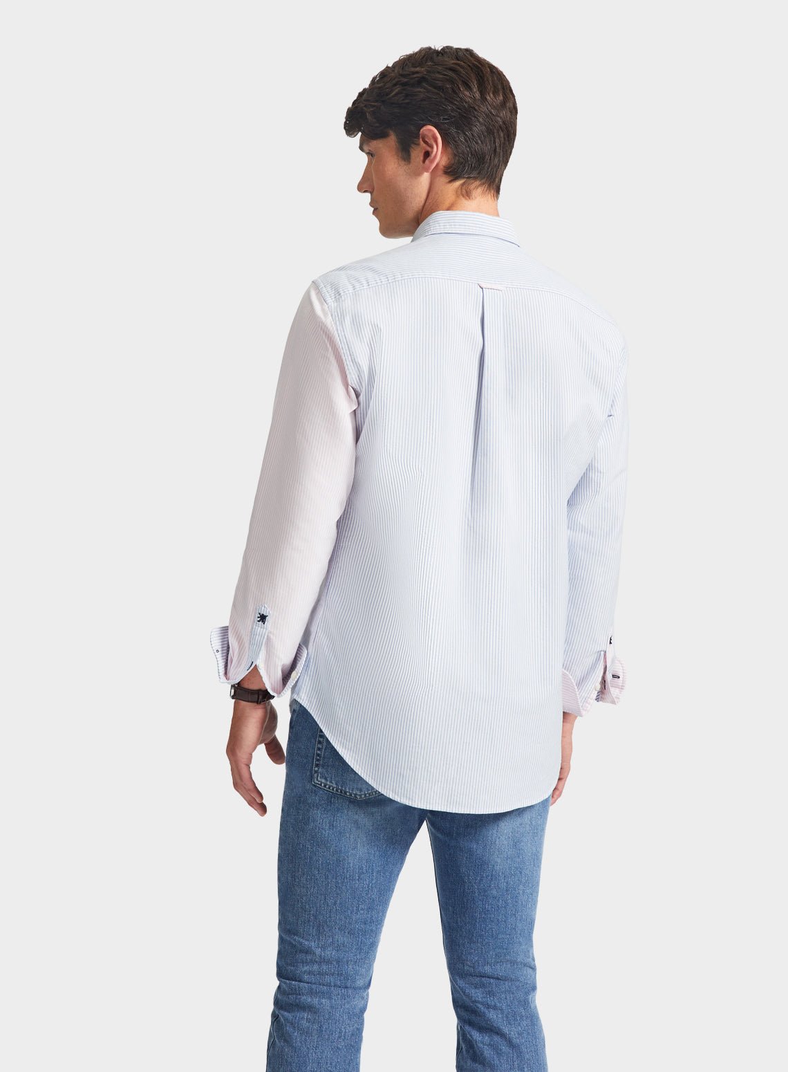 Men’s button-down colour-block Oxford shirt in Blue & Pink Stripe.