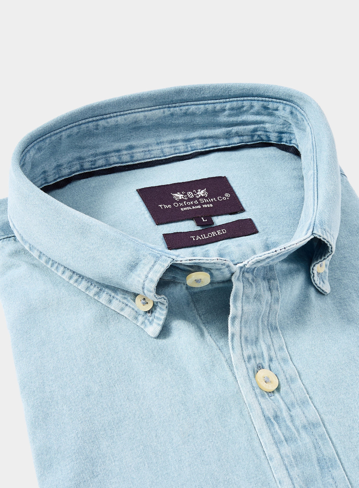 Men’s button-down denim shirt.